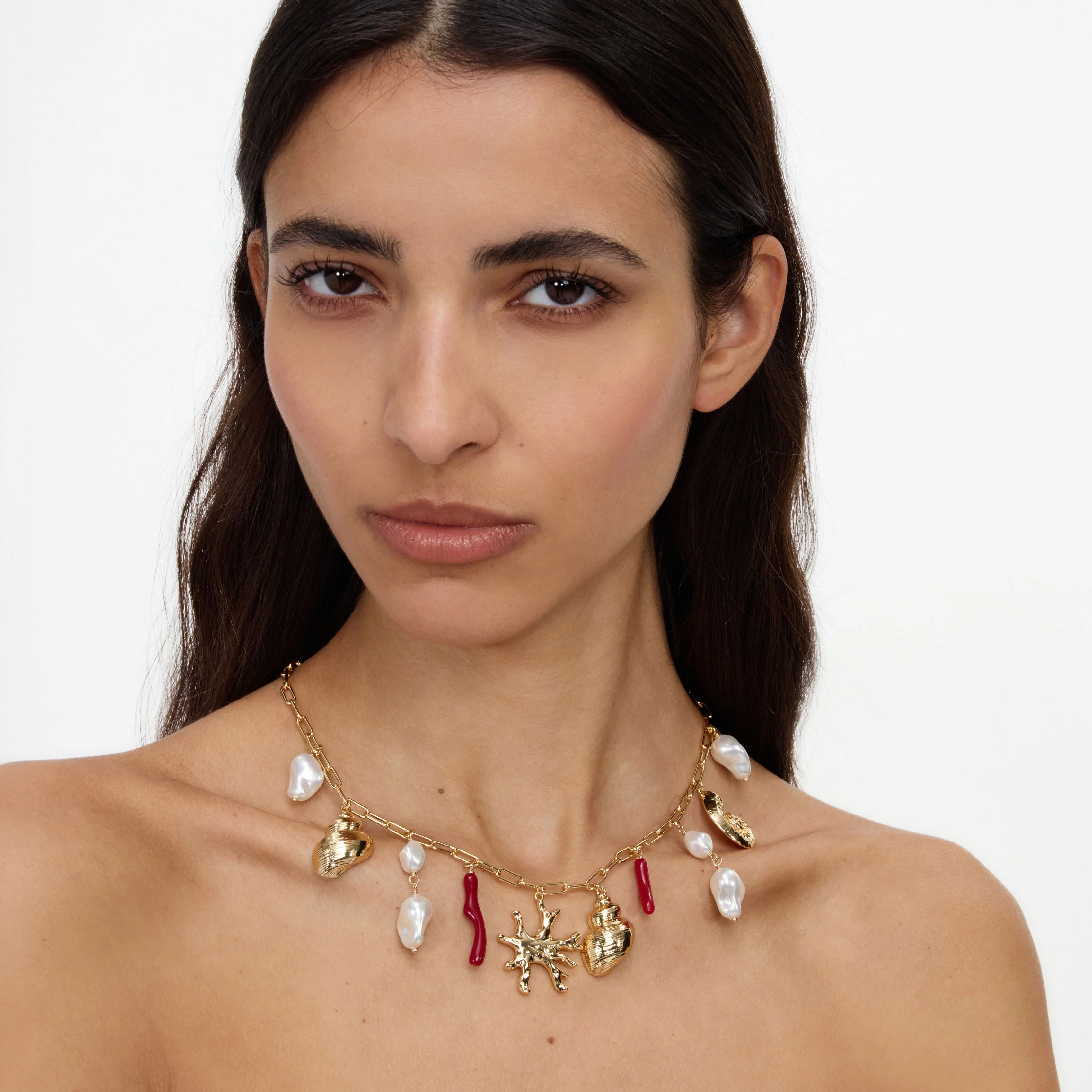 Gold Coral Pearl Charm Necklace - Image 4