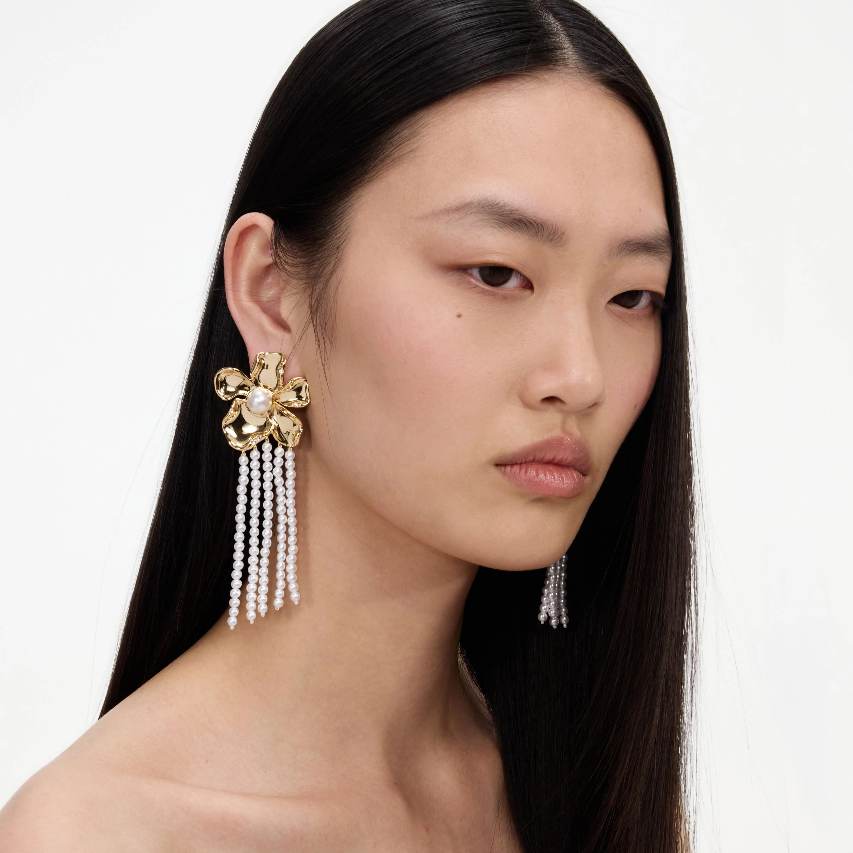 Gold Flower Pearl Dangle Earrings - Image 2