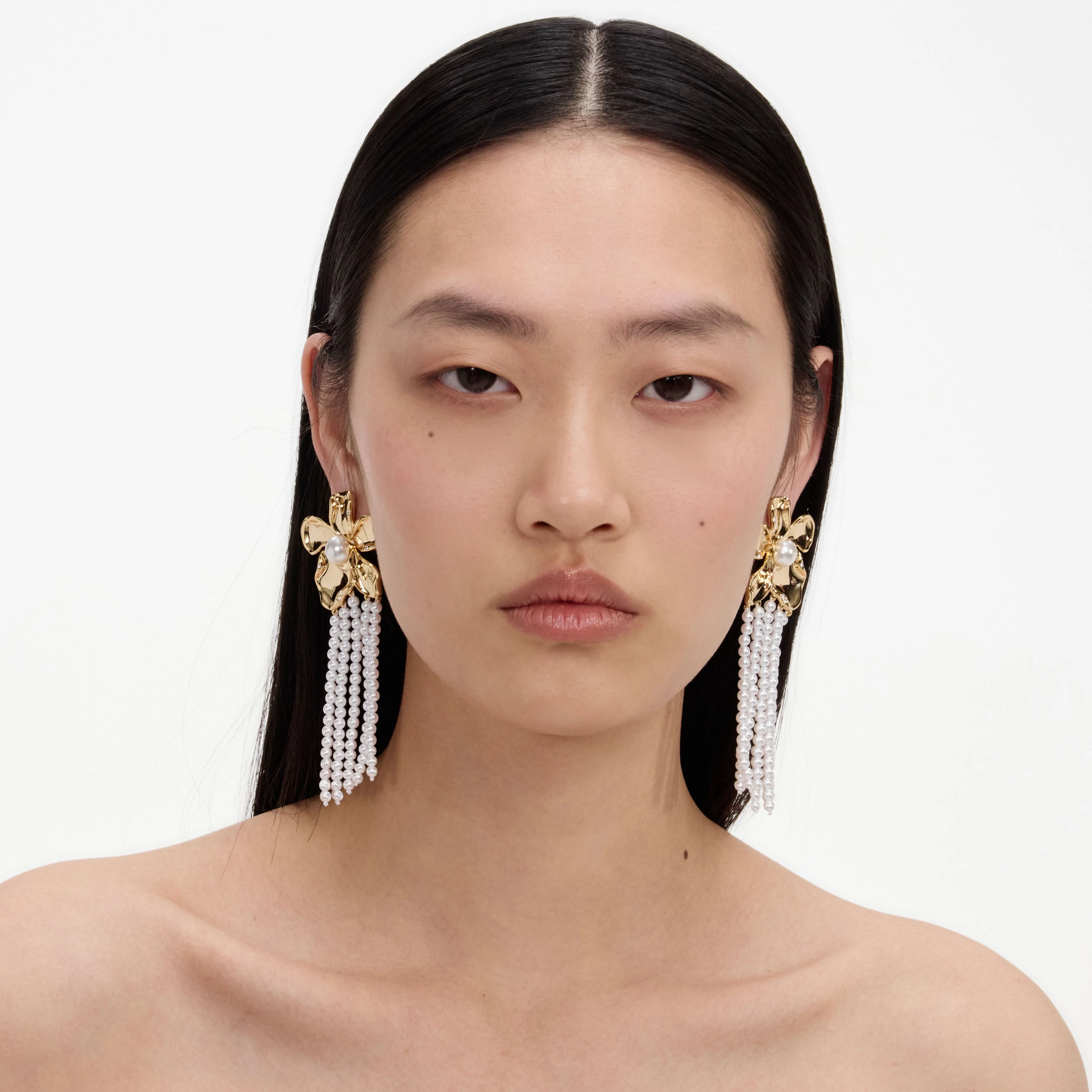 Gold Flower Pearl Dangle Earrings - Image 4