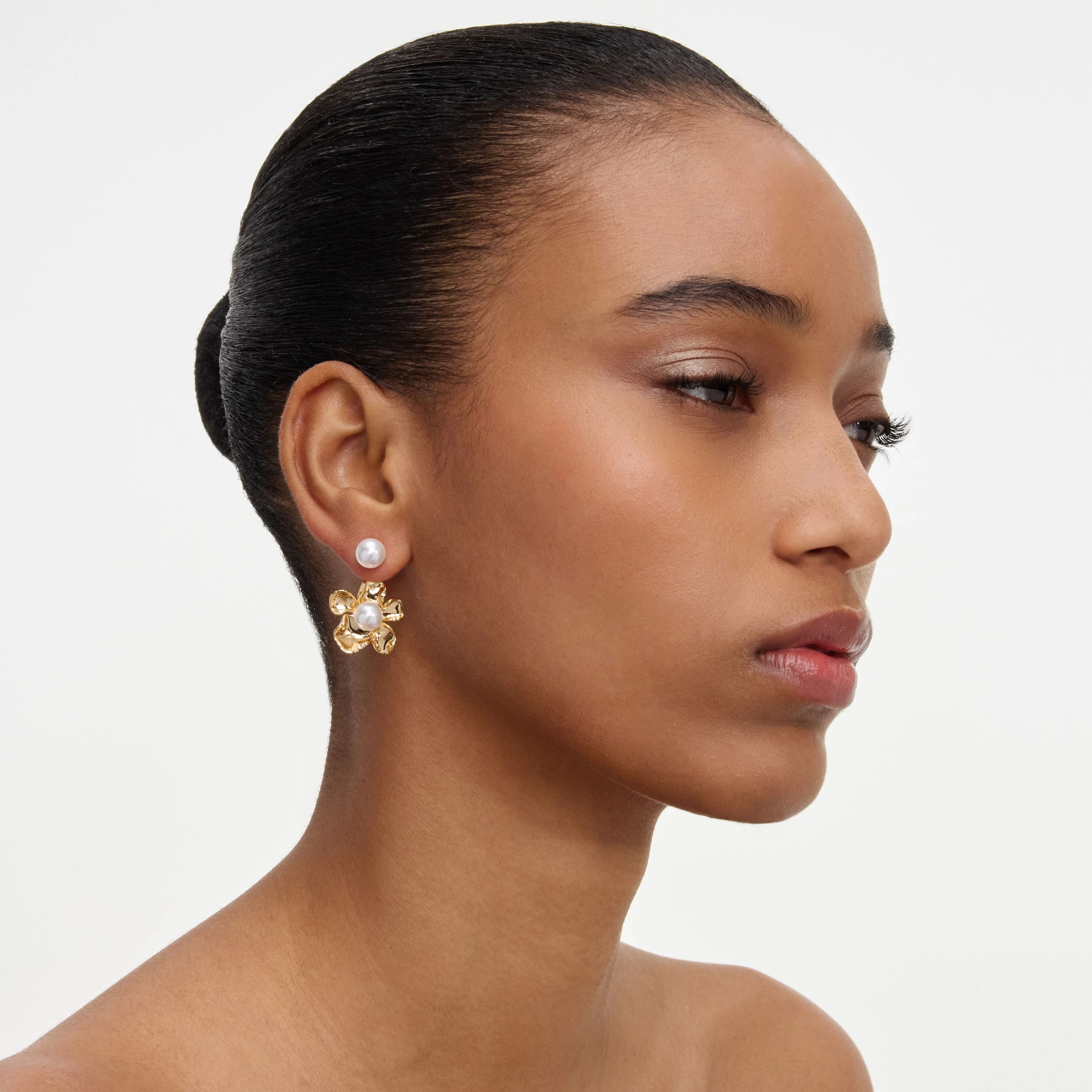Gold Flower Pearl Jacket Earrings - Image 2