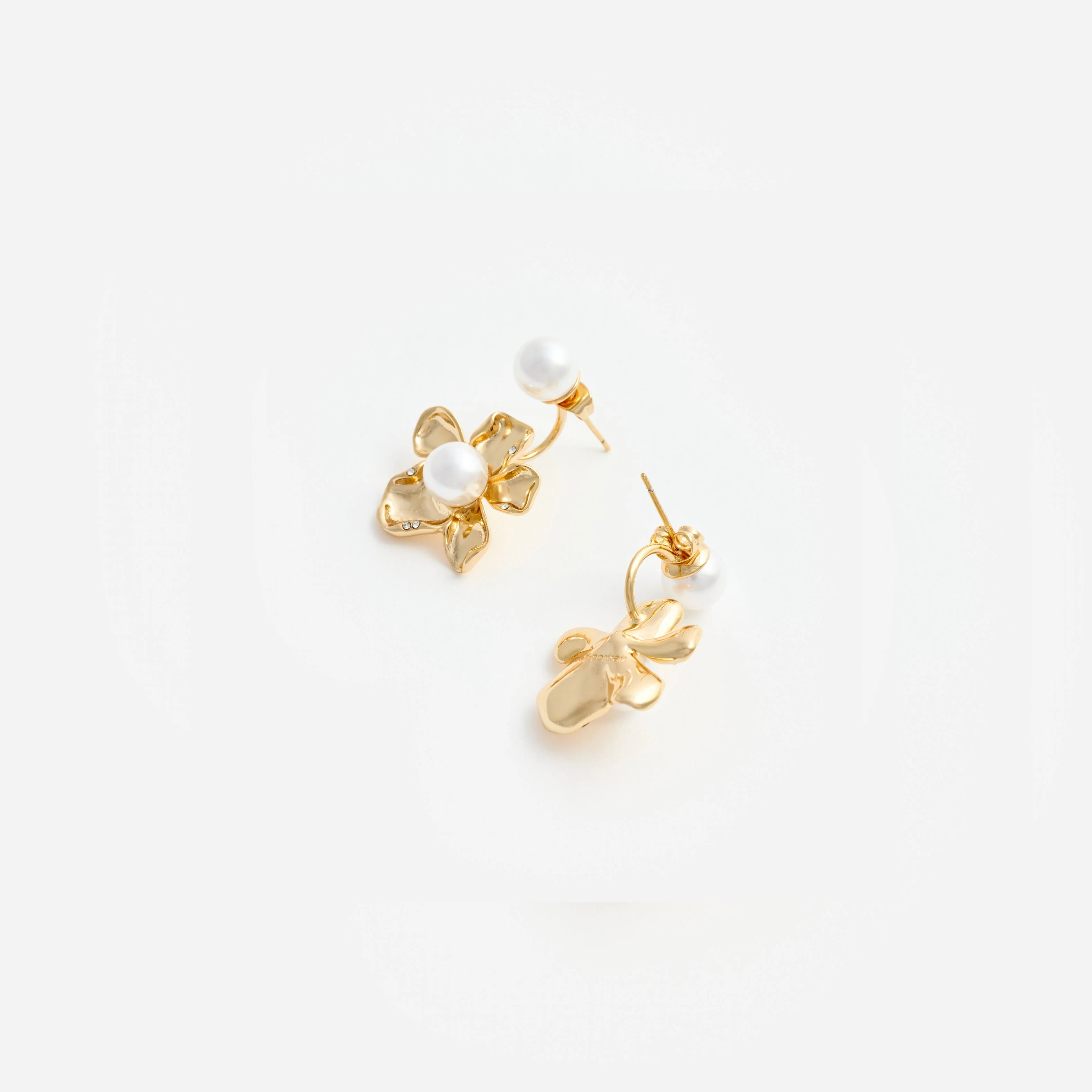 Gold Flower Pearl Jacket Earrings - Image 3