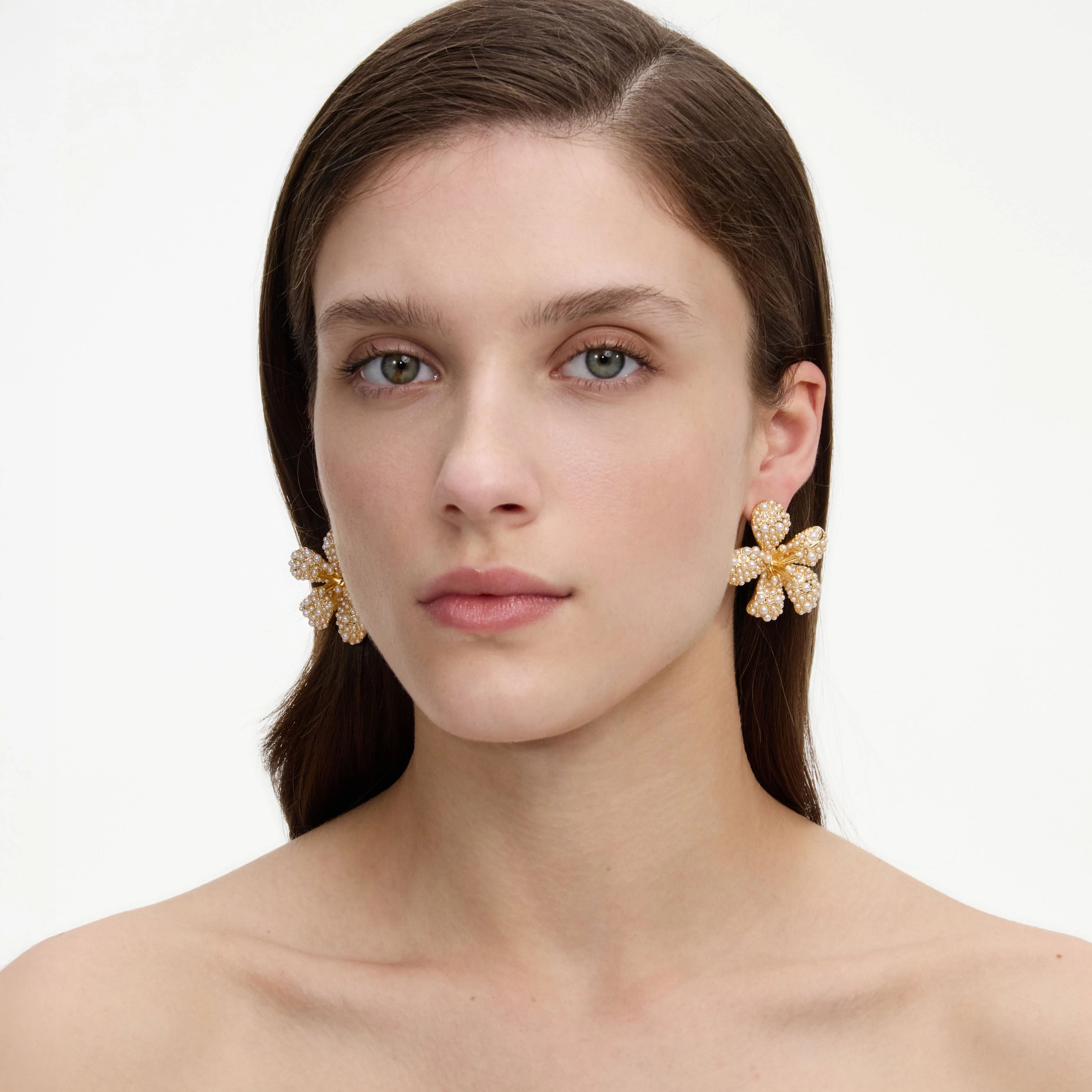 Gold Pearl Encrusted Flower Earrings - Image 4