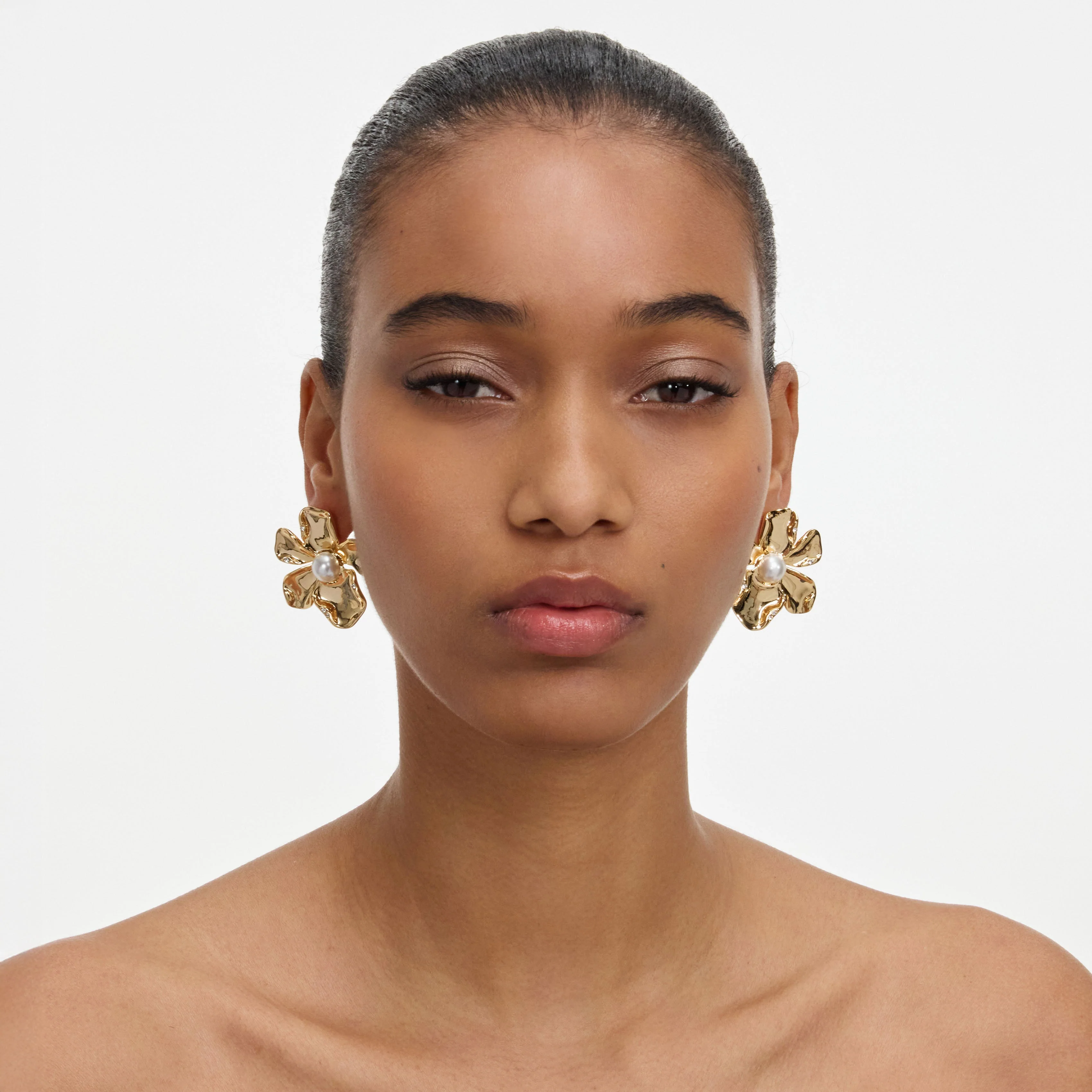Gold Pearl Flower Earrings - Image 2