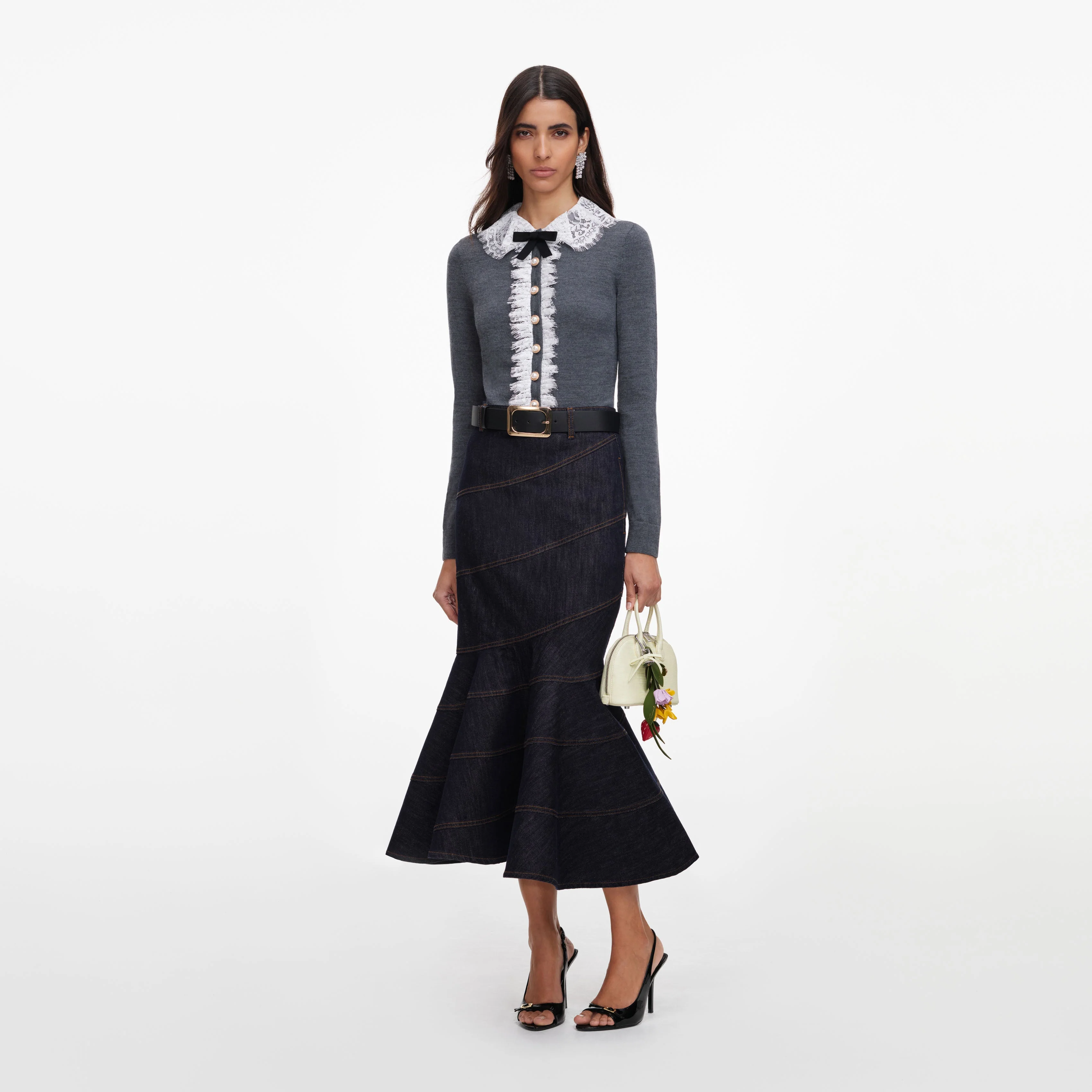 Grey Lace Collar Knit Cardigan - Image 2