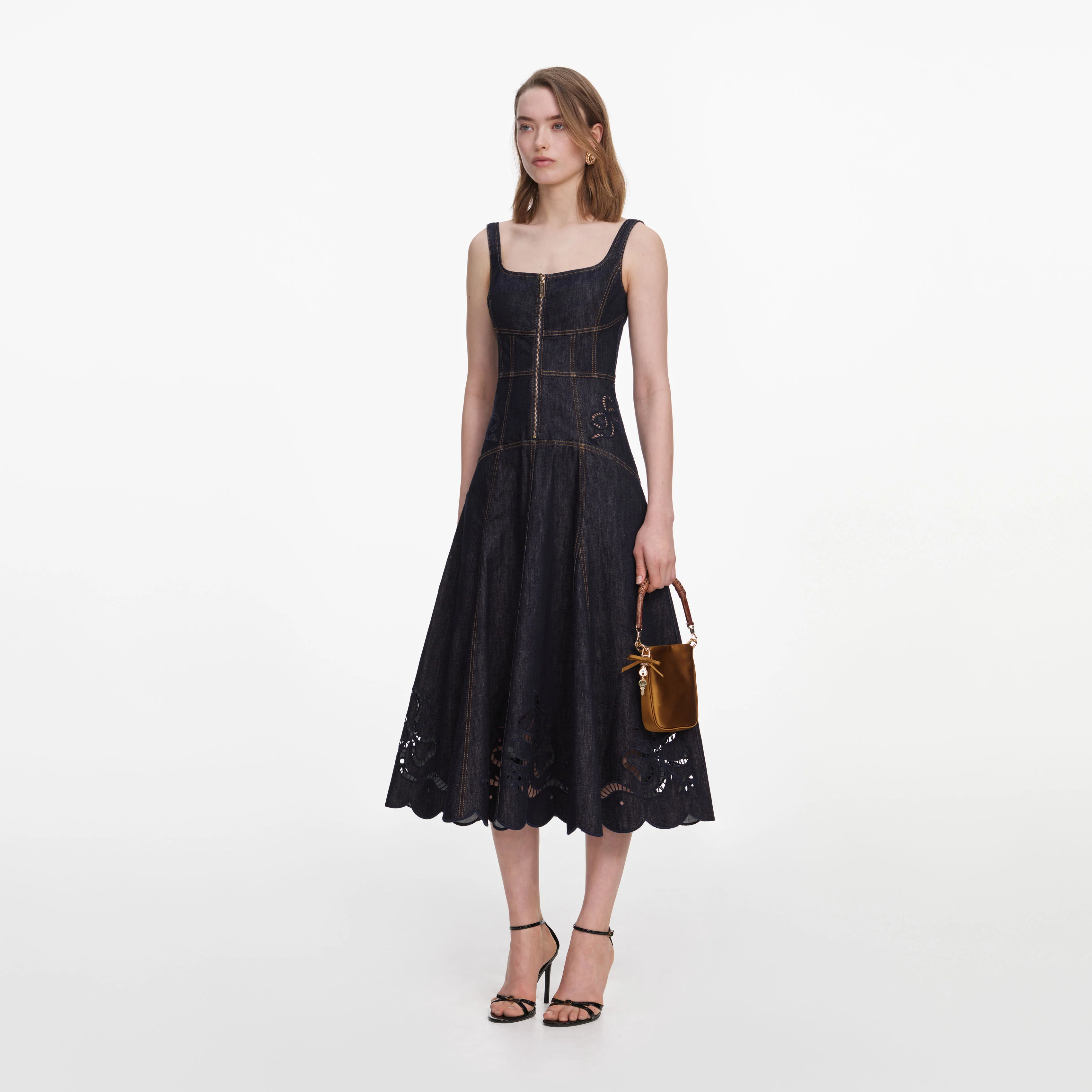 Indigo Denim Bow Embroidered Midi Dress - Image 2