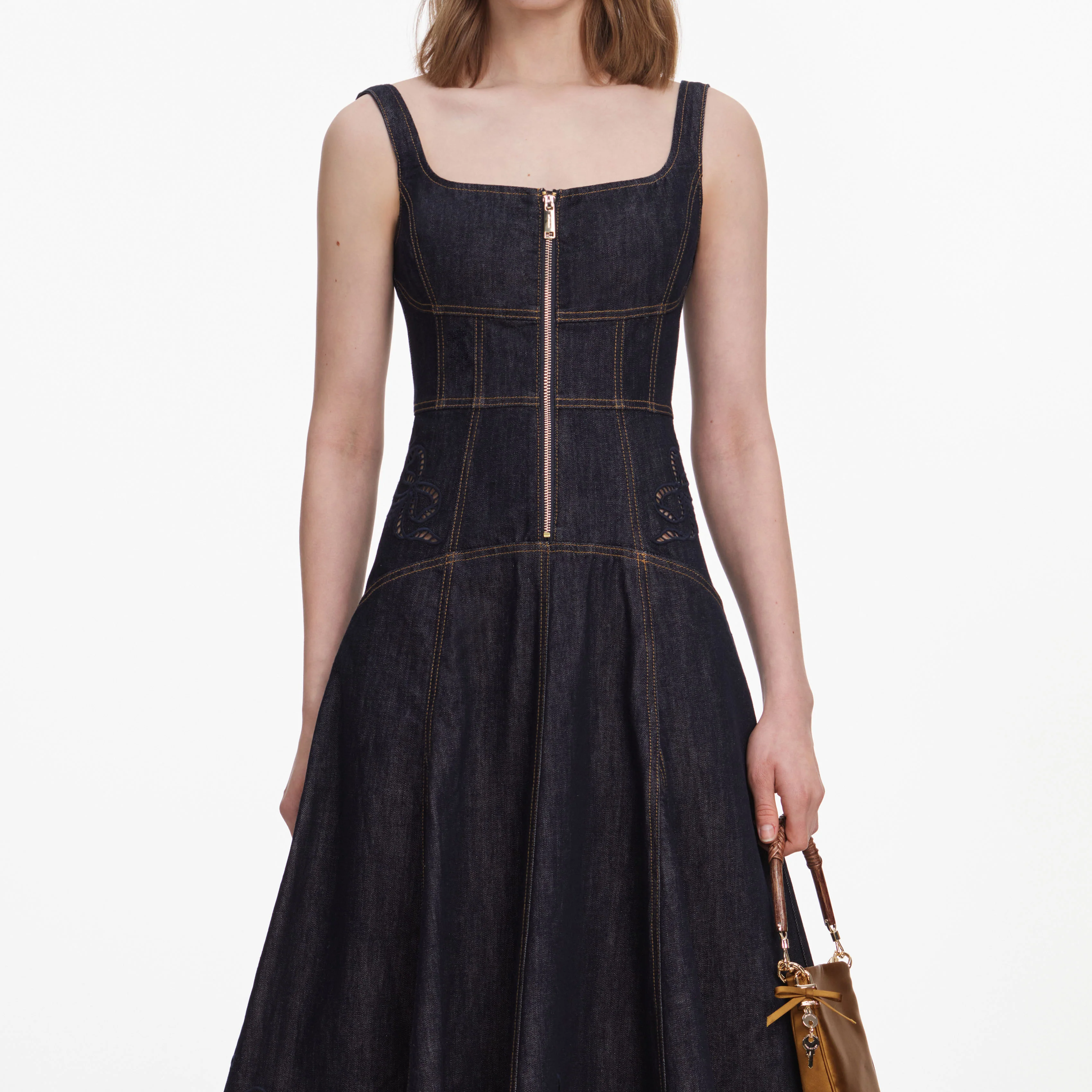 Indigo Denim Bow Embroidered Midi Dress - Image 4