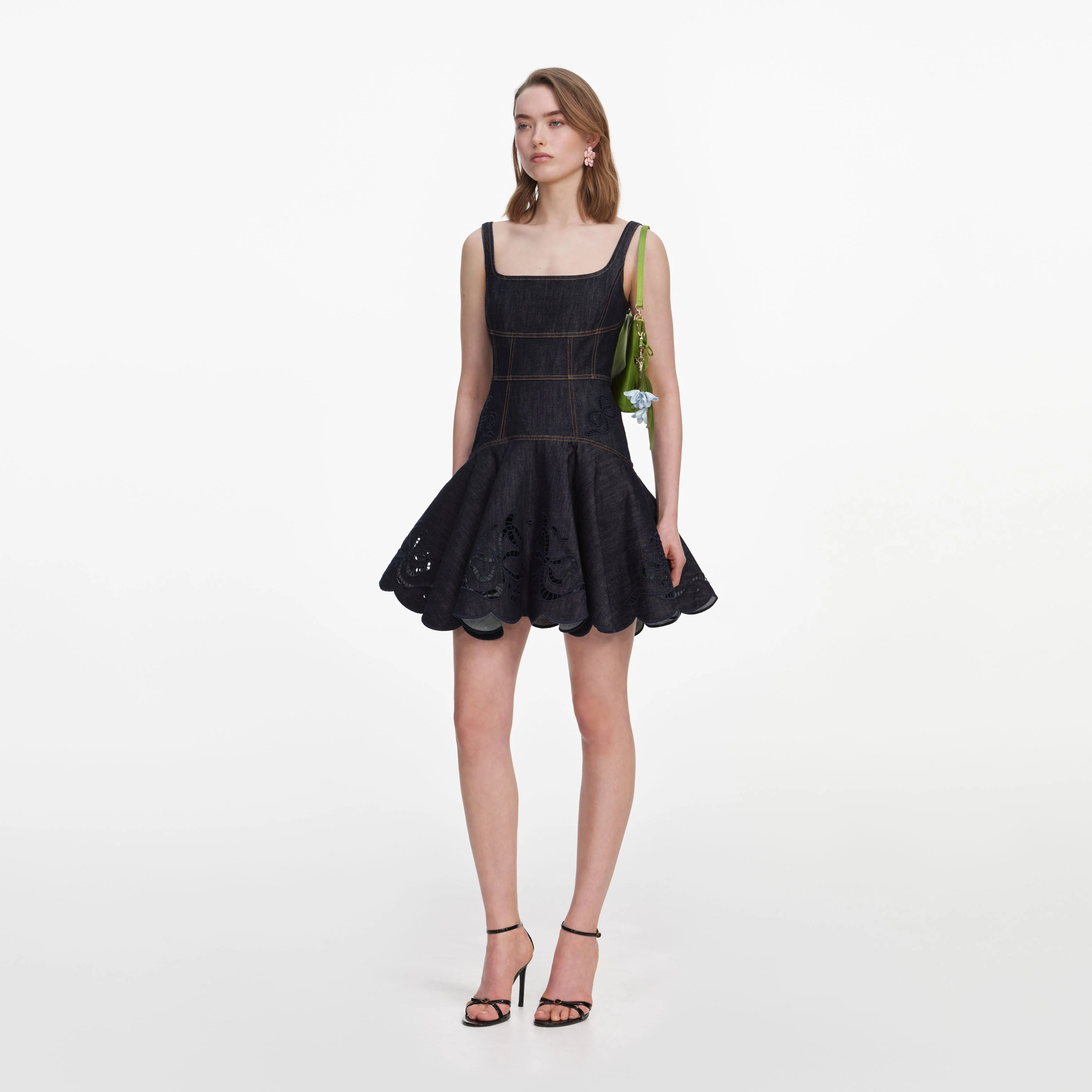 Indigo Denim Bow Embroidered Mini Dress - Image 2