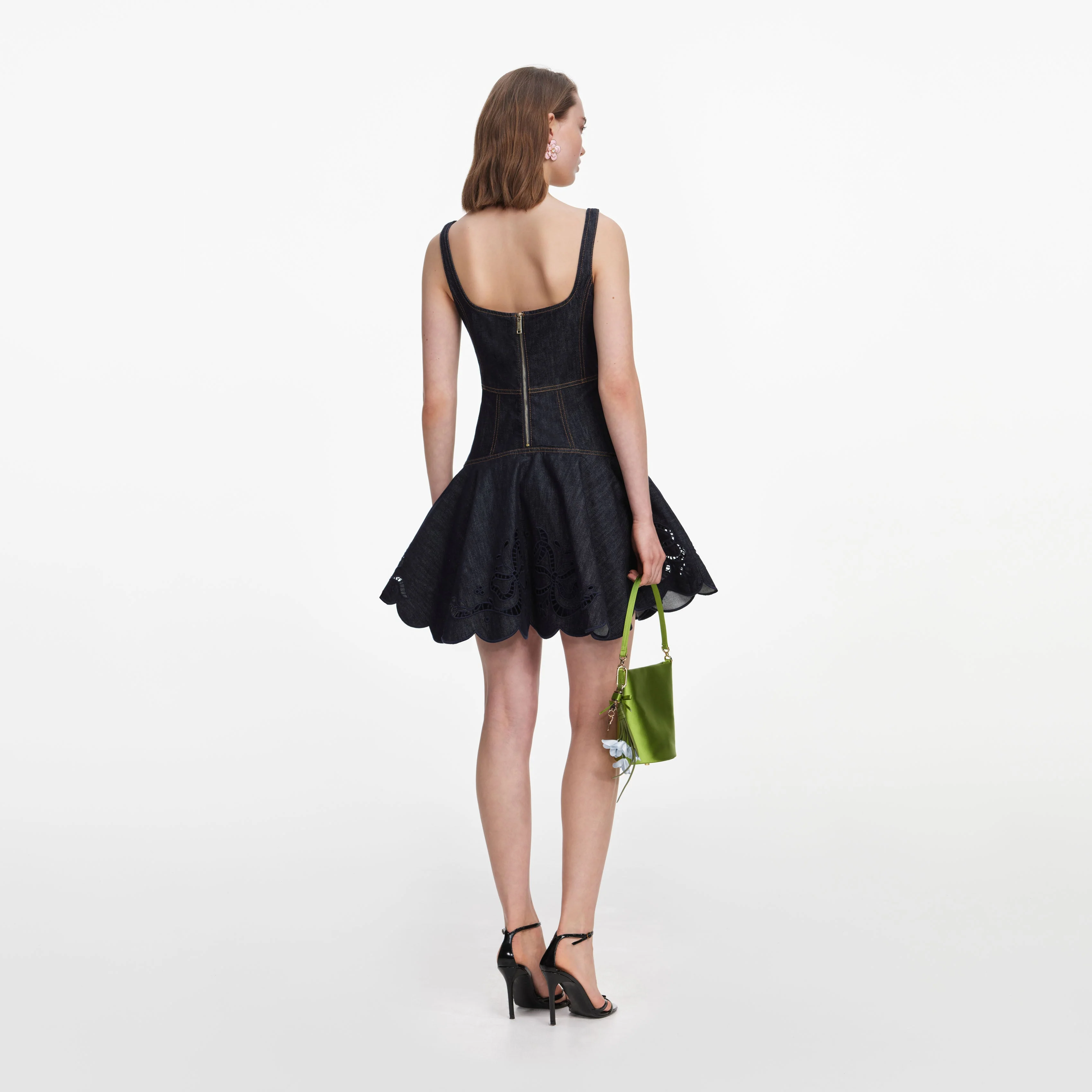 Indigo Denim Bow Embroidered Mini Dress - Image 3