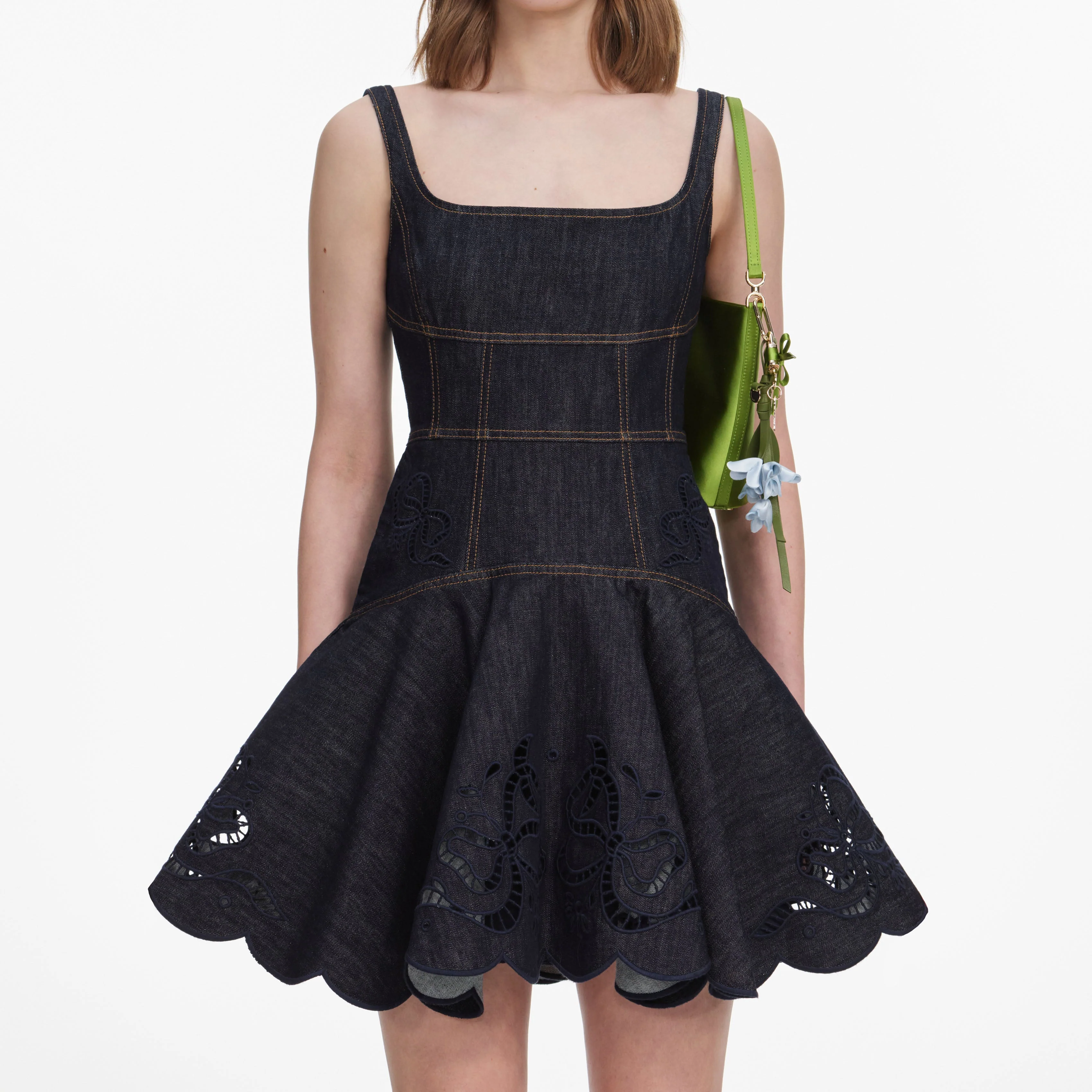 Indigo Denim Bow Embroidered Mini Dress - Image 4