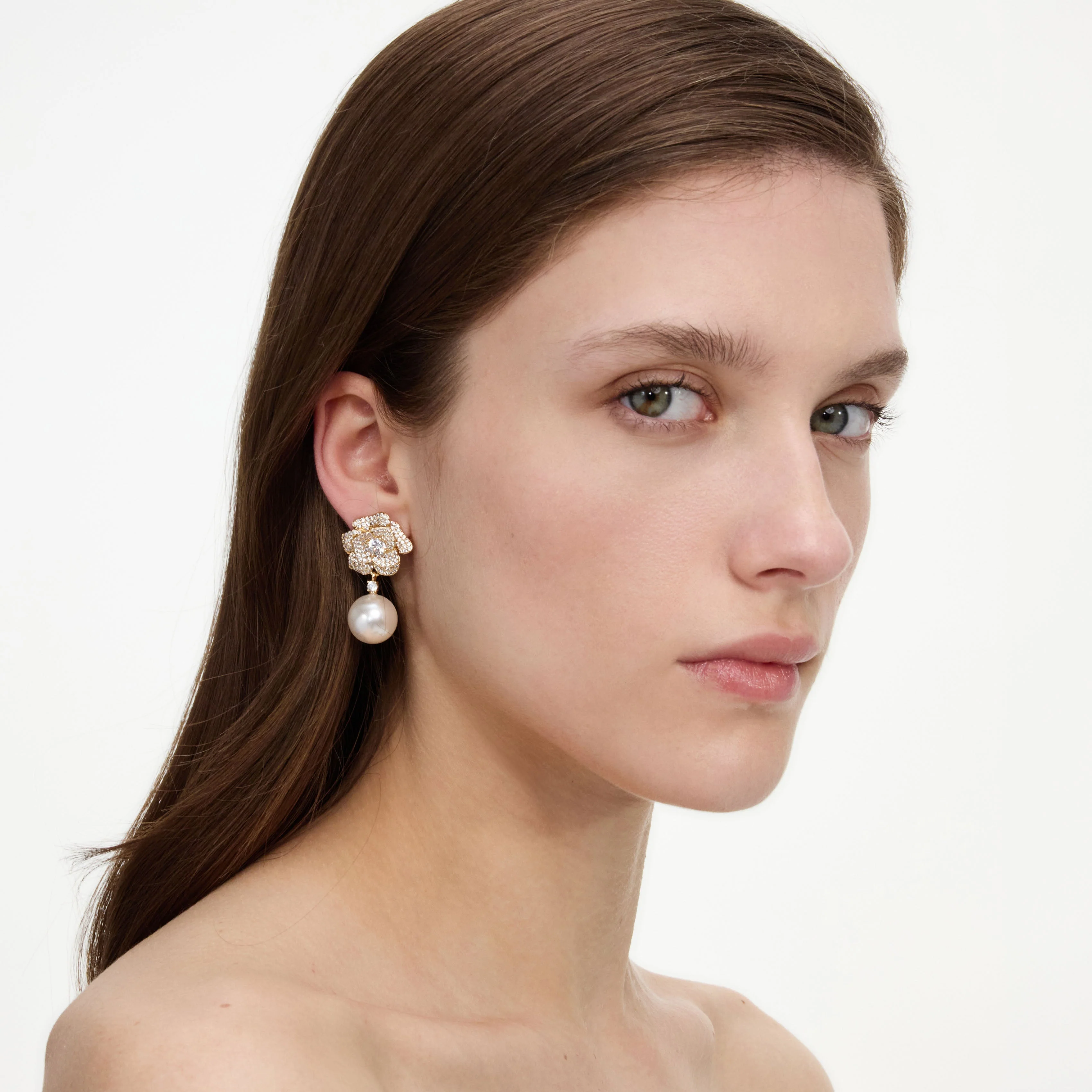 Mini Gold Crystal Flower Pearl Earrings - Image 2