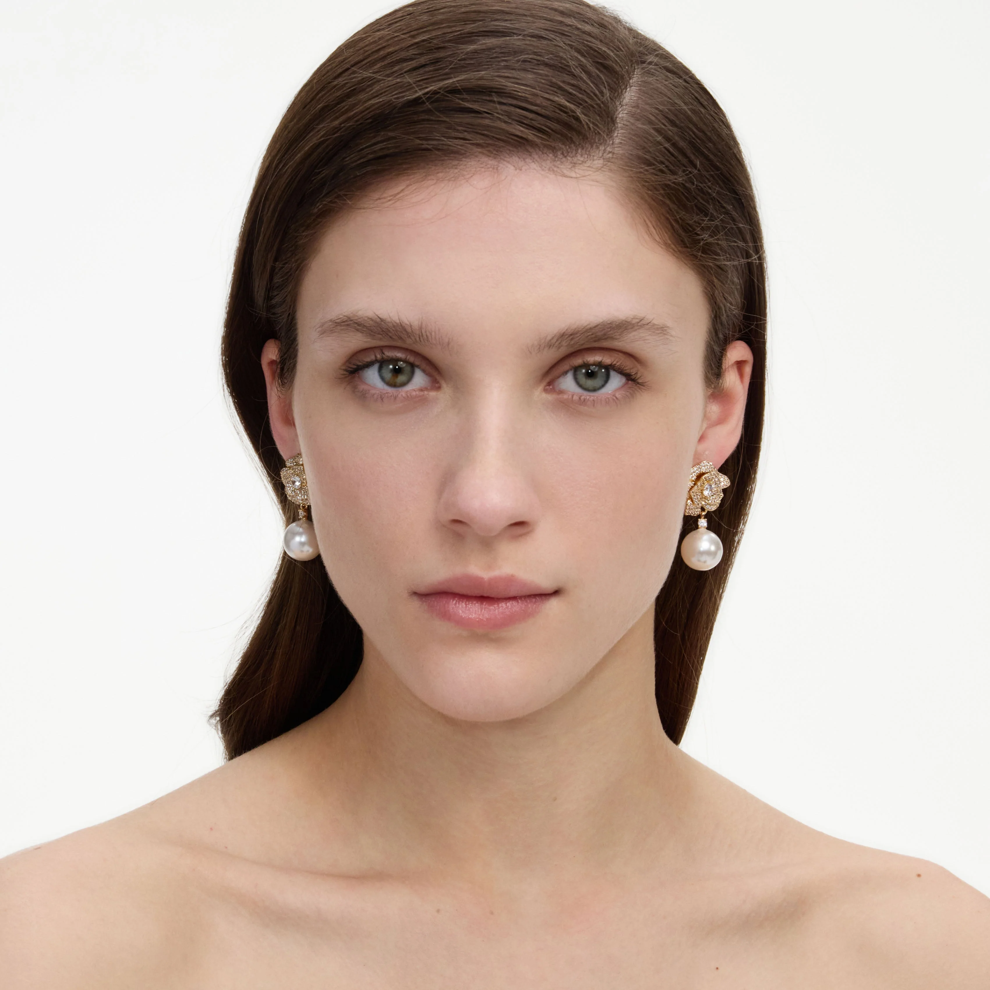 Mini Gold Crystal Flower Pearl Earrings - Image 4