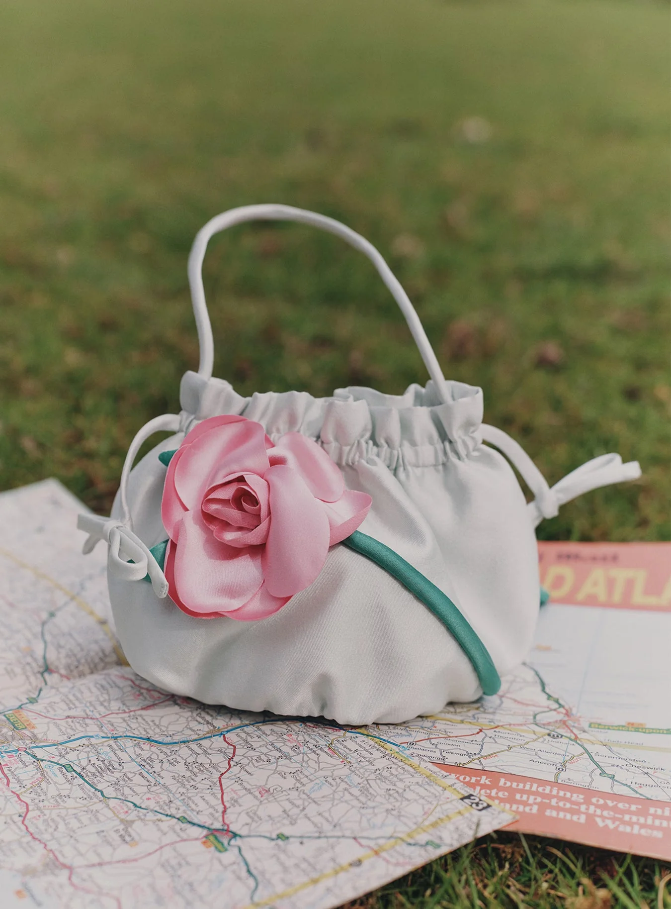 Mint Taffeta 3D Flower Pouch Bag - Image 4