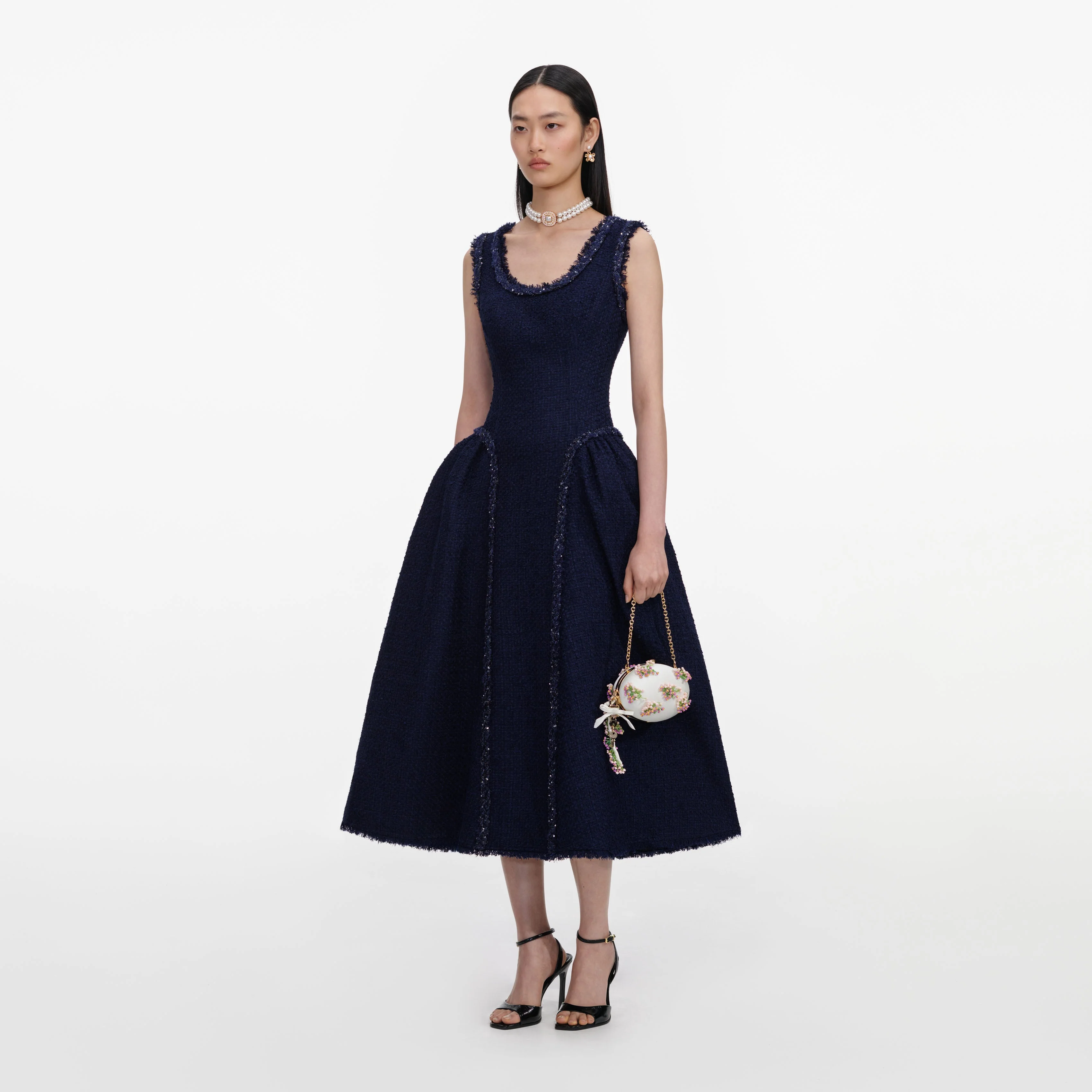 Navy Boucle Midi Dress - Image 2