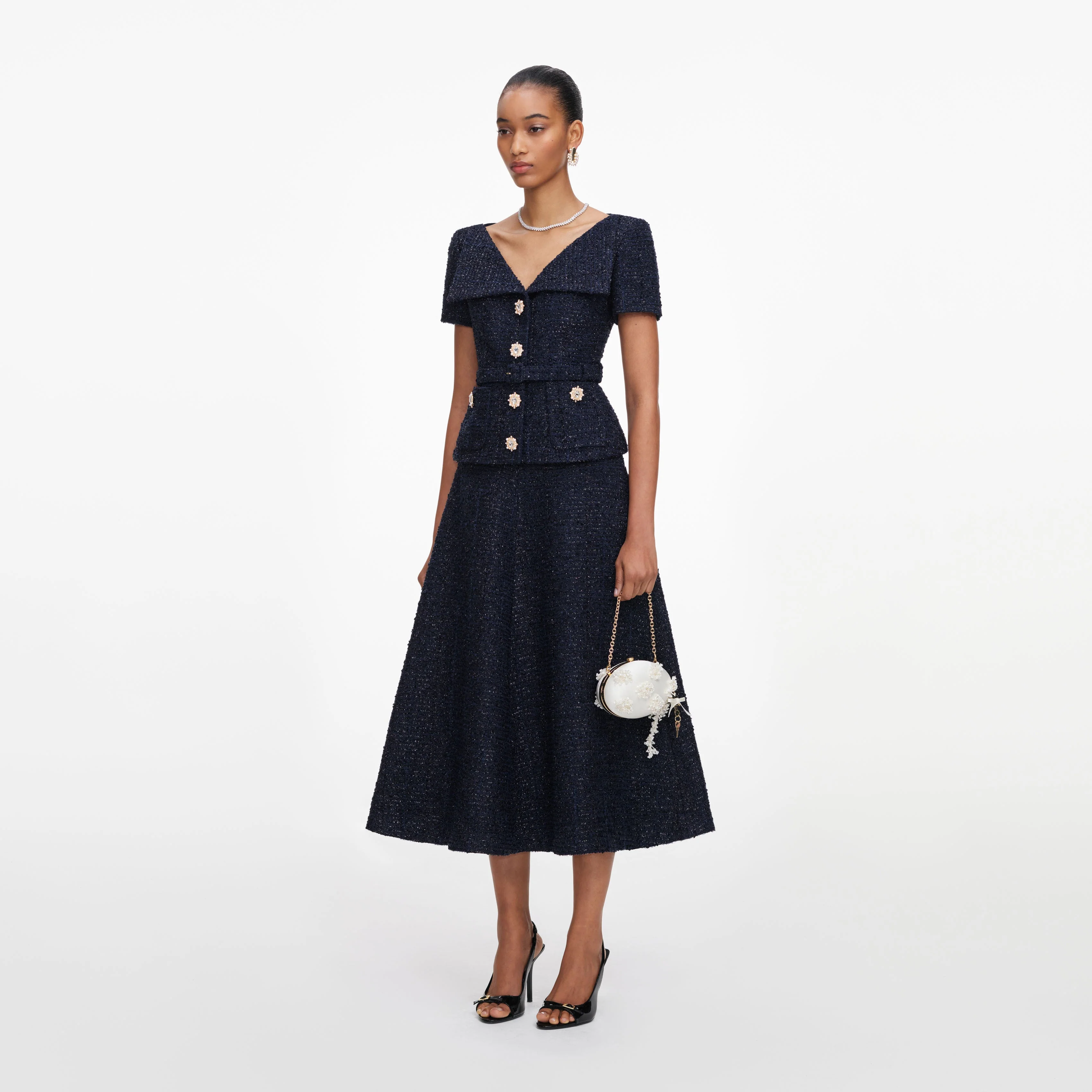 Navy Boucle Tailored Midi Dress - Image 2