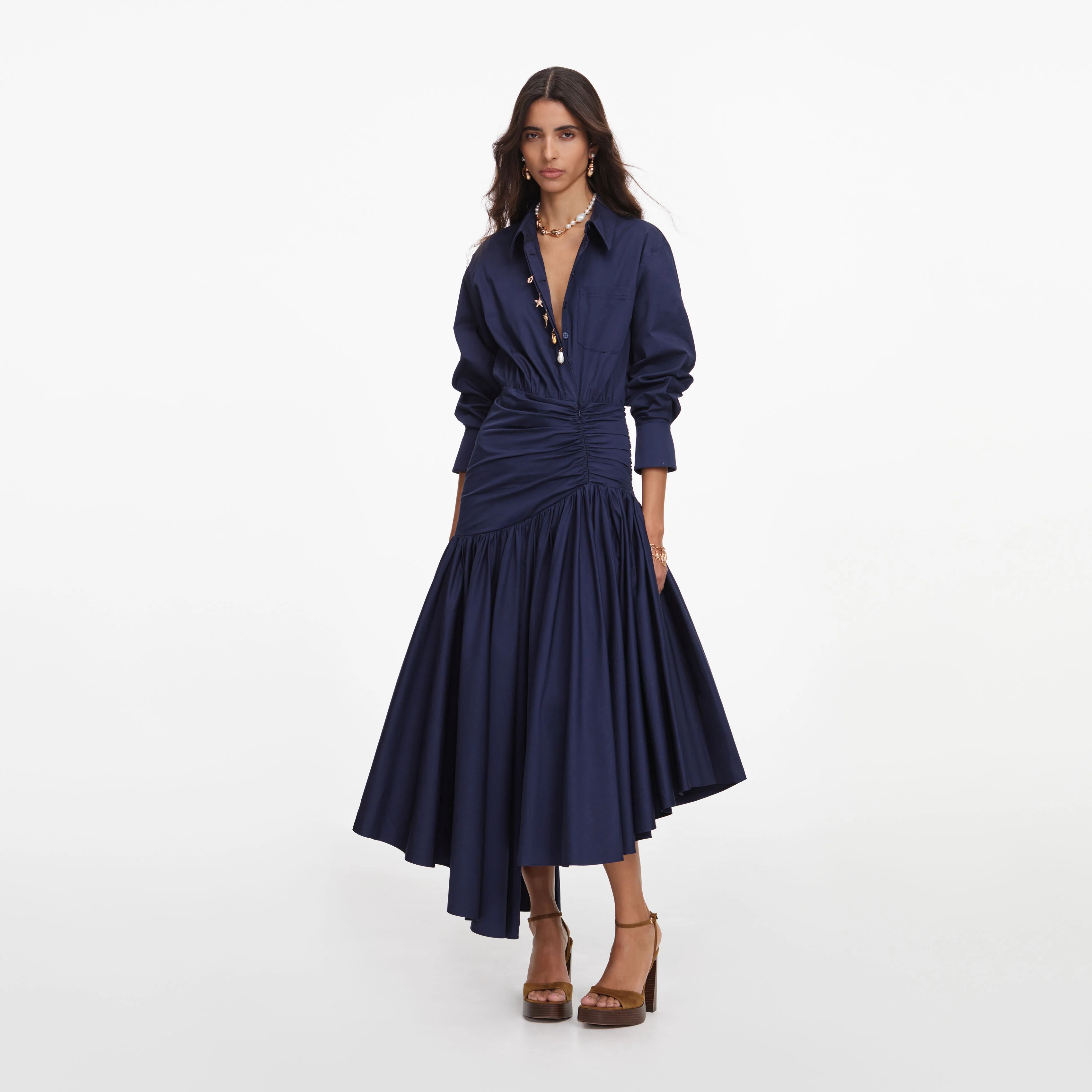 Navy Cotton Asymmetric Midi Dress - Image 2