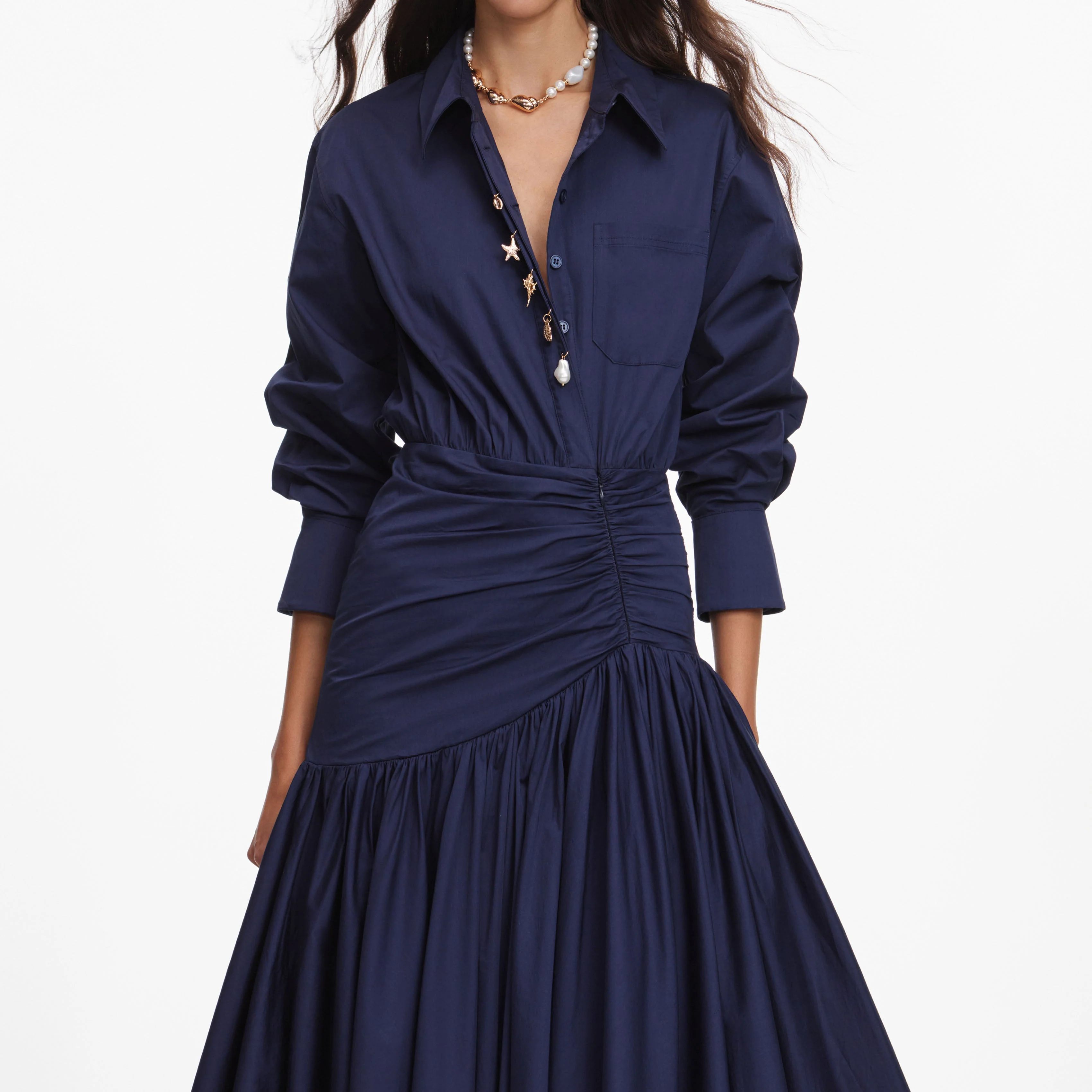 Navy Cotton Asymmetric Midi Dress - Image 4