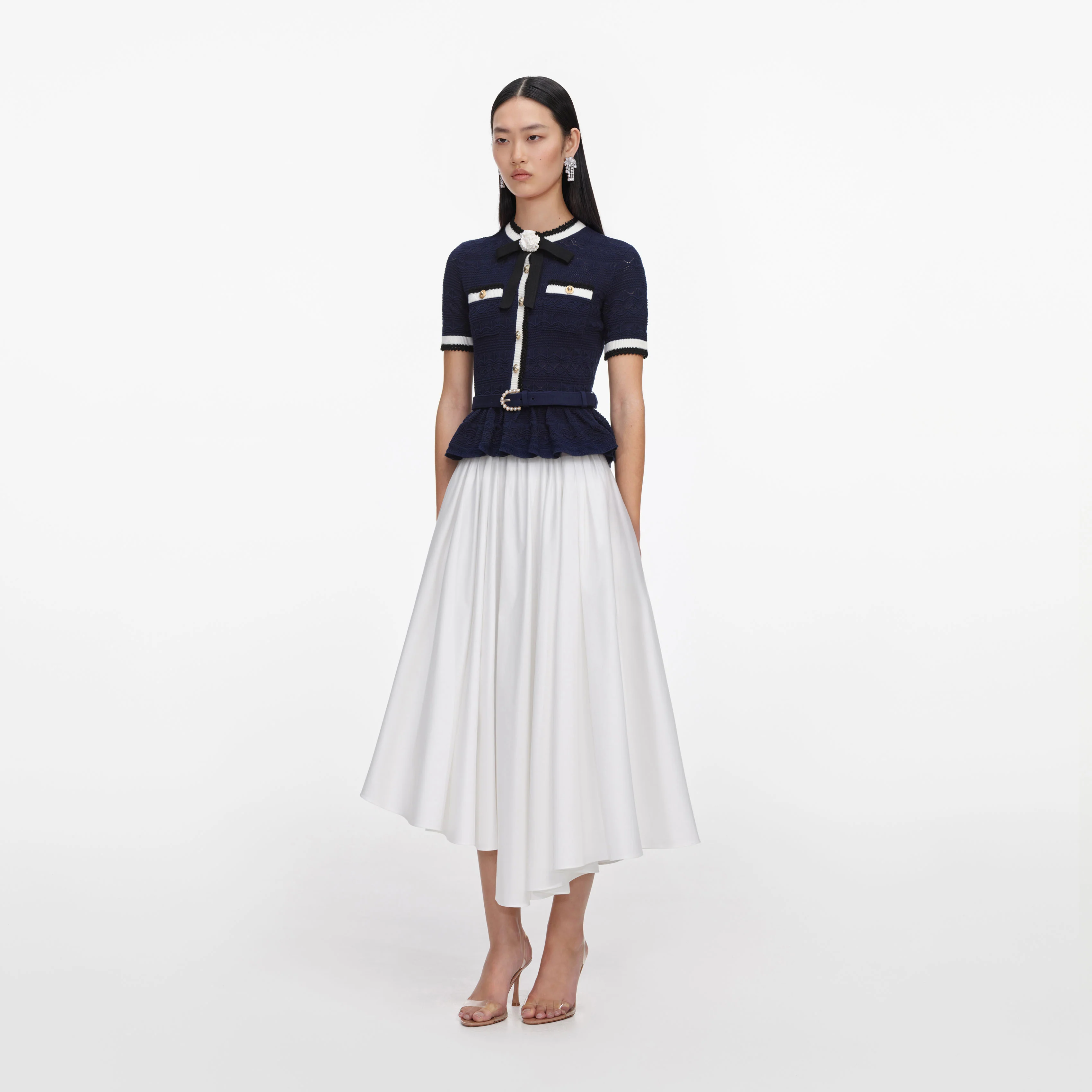 Navy Peplum Pointelle Knit Top - Image 2