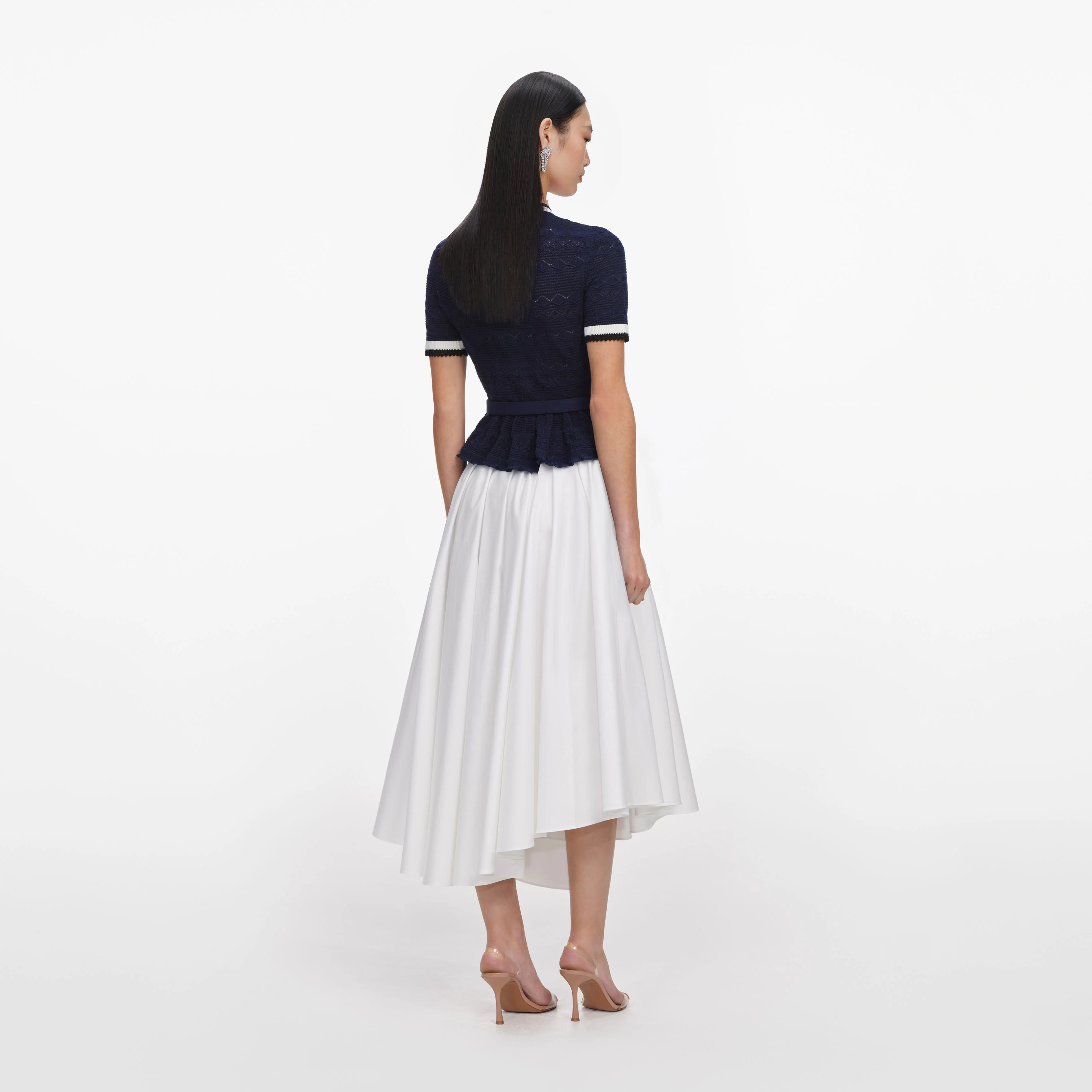 Navy Peplum Pointelle Knit Top - Image 3