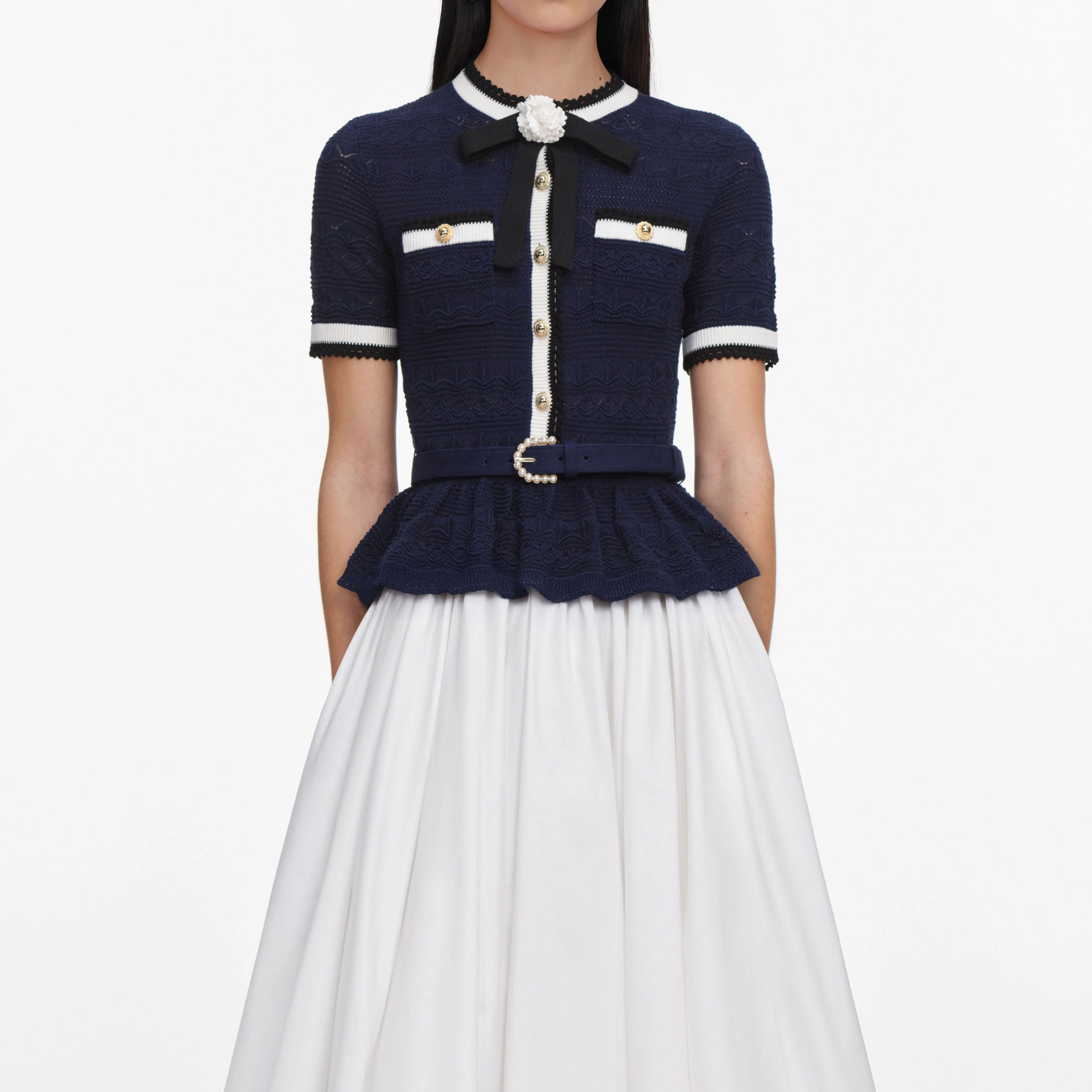 Navy Peplum Pointelle Knit Top - Image 4