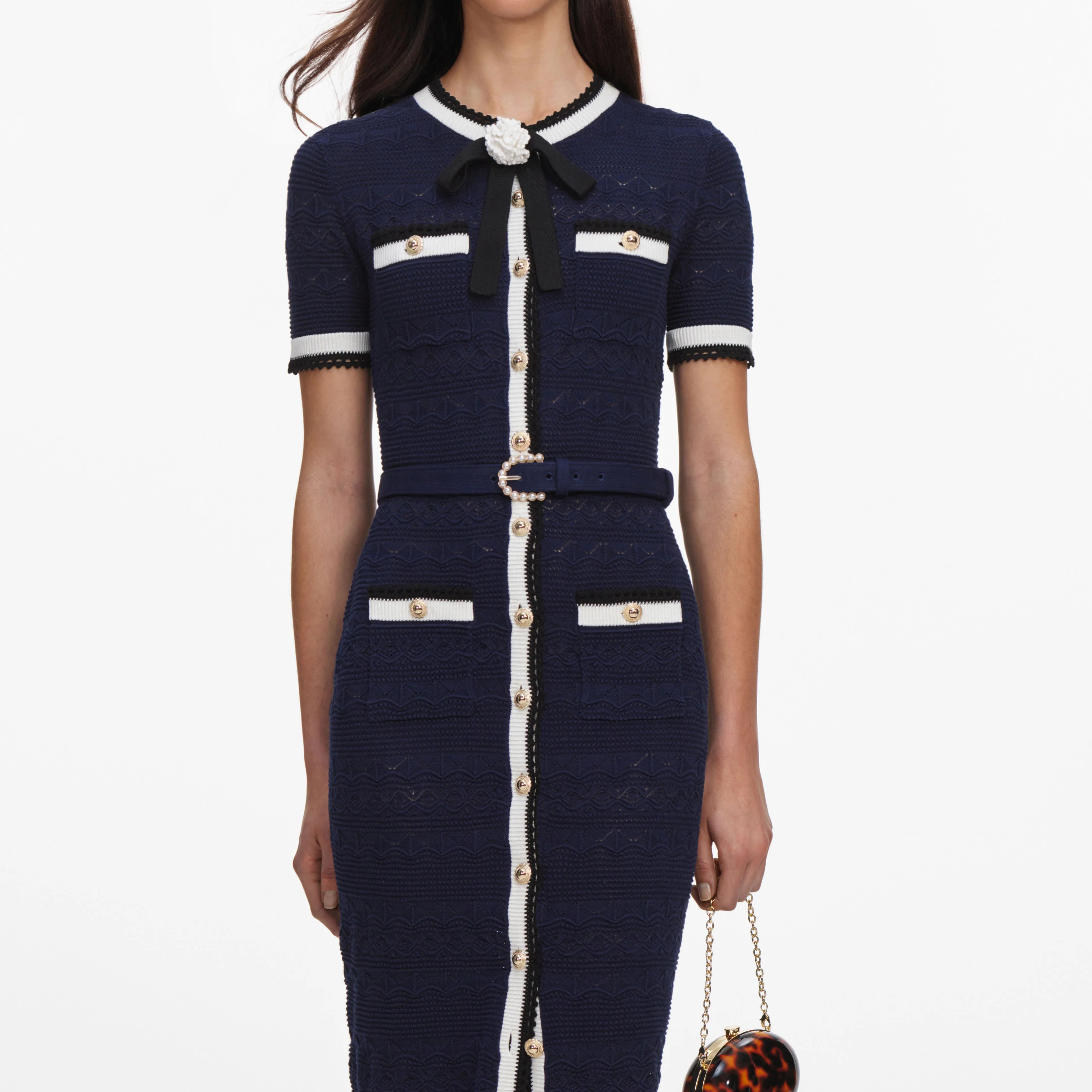 Navy Pointelle Knit Midi Dress - Image 4
