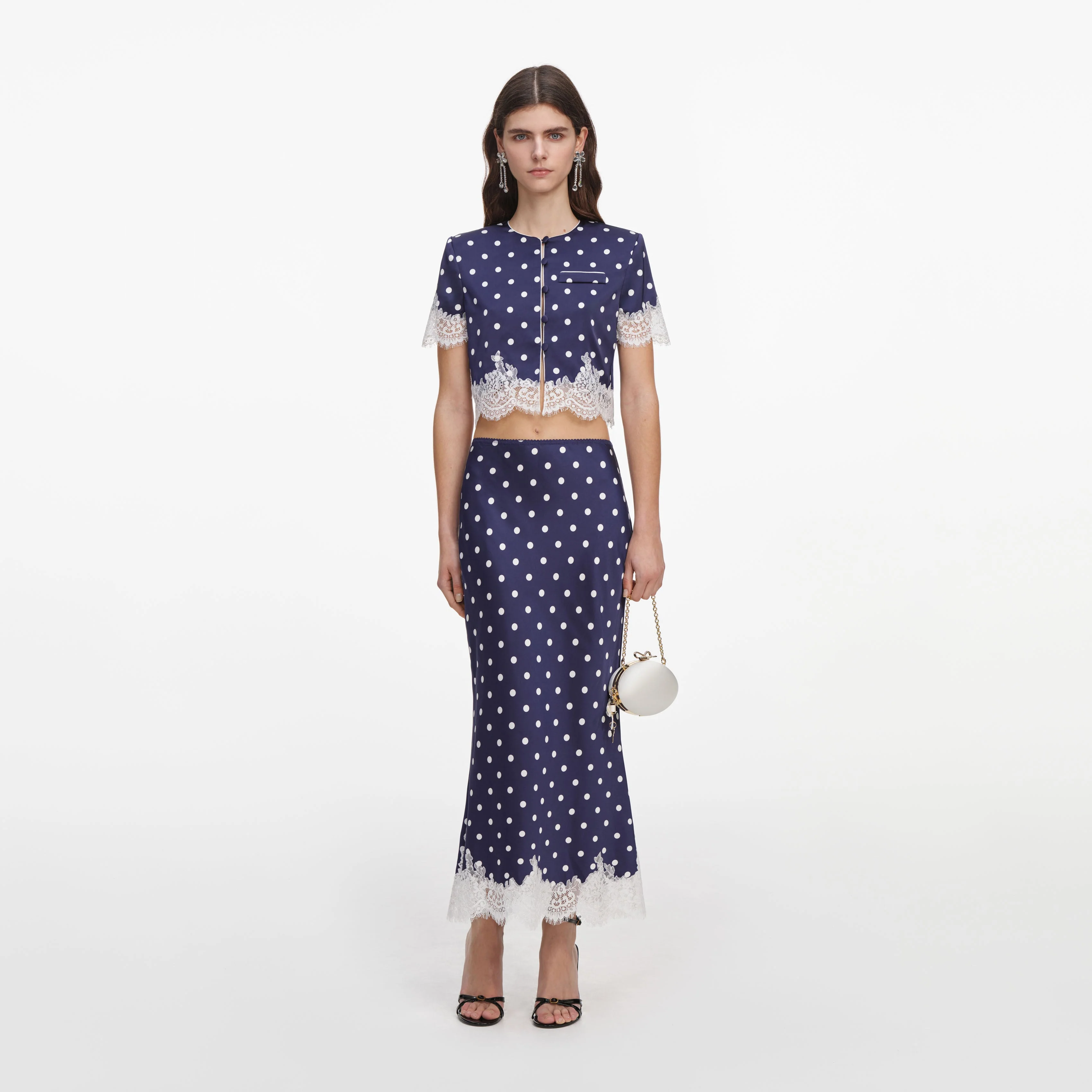 Navy Polka Dot Satin Midi Skirt