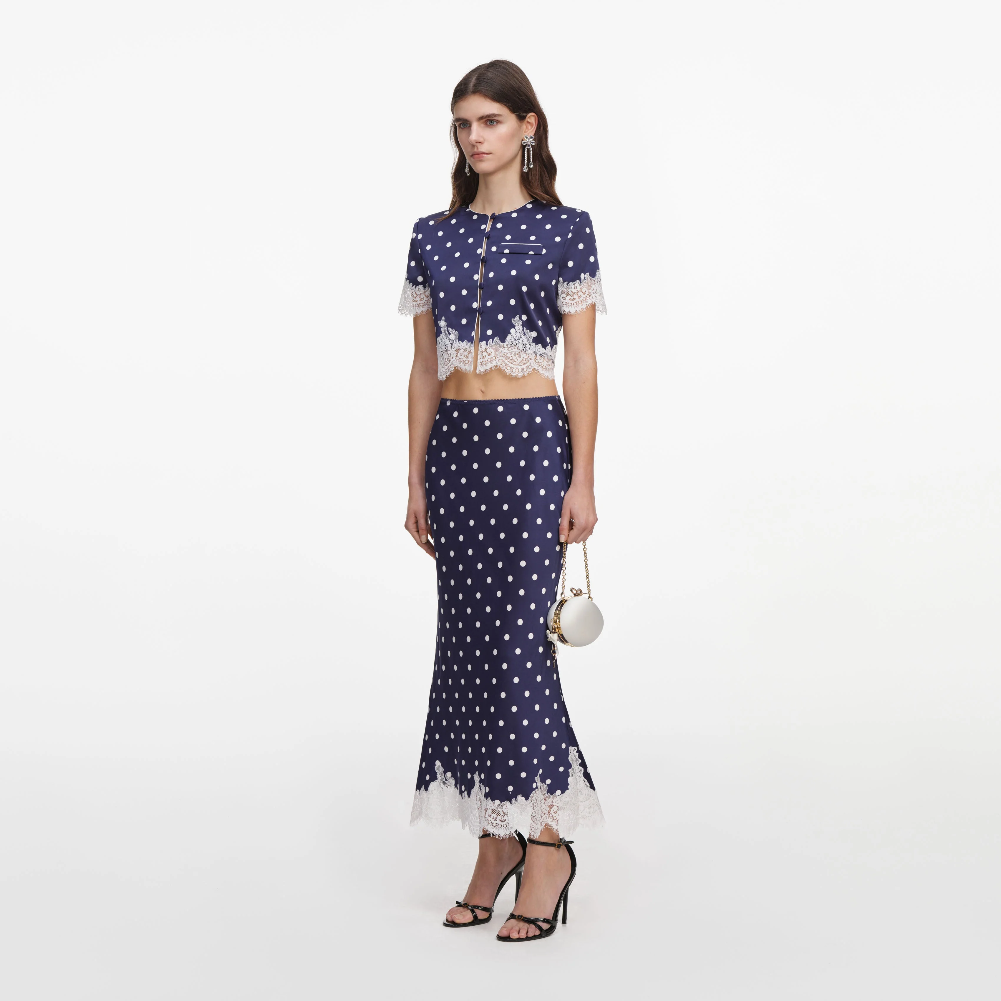 Navy Polka Dot Satin Midi Skirt - Image 2