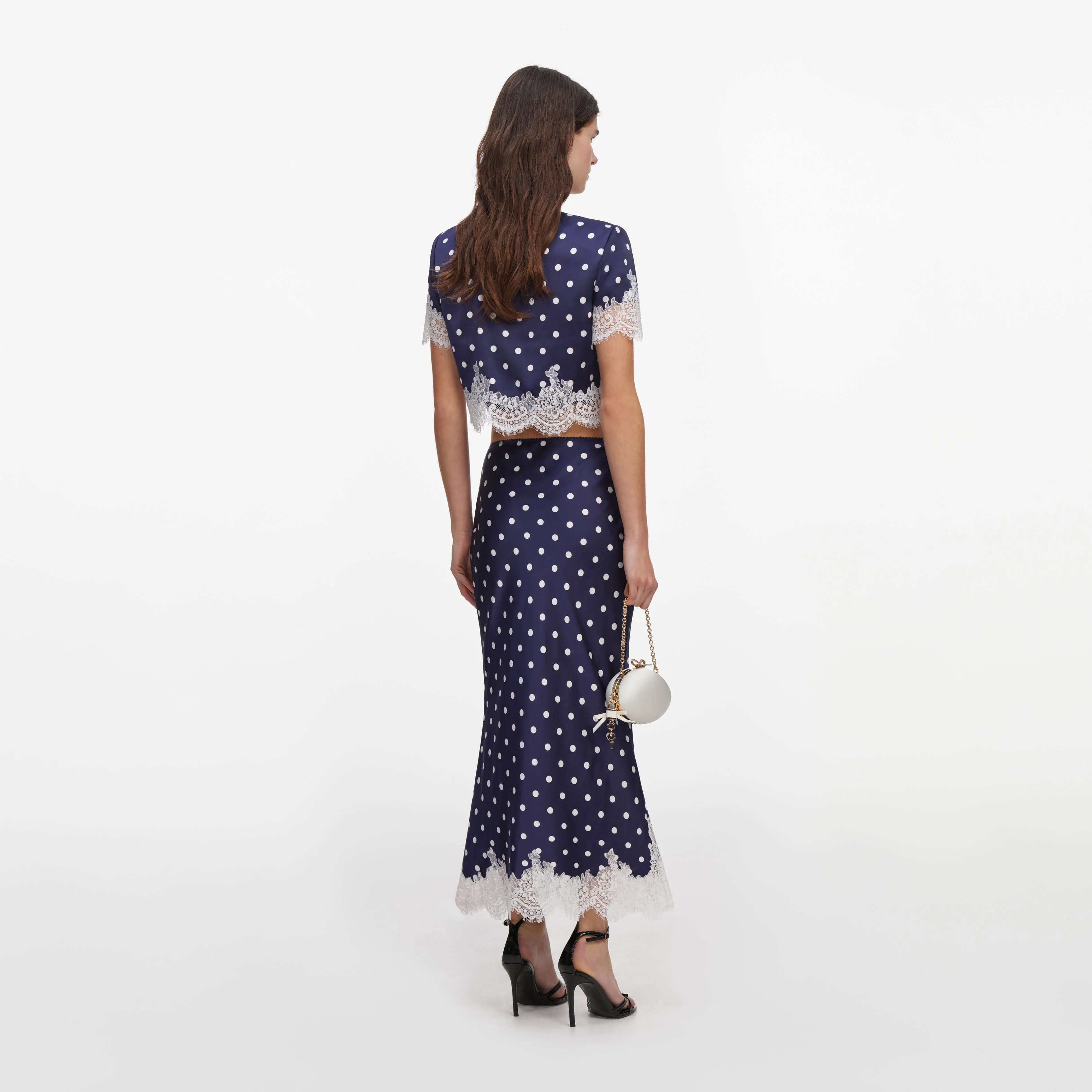 Navy Polka Dot Satin Midi Skirt - Image 3