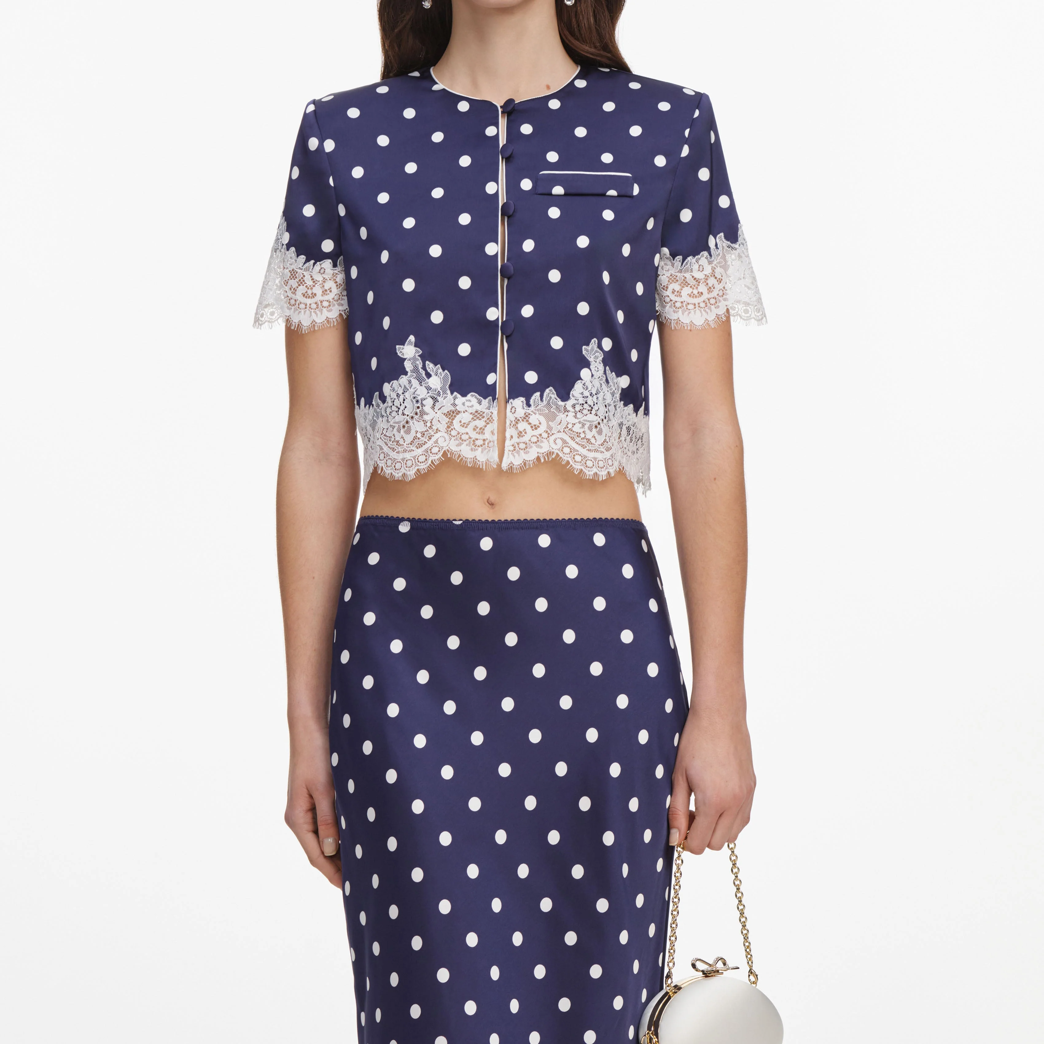 Navy Polka Dot Satin Midi Skirt - Image 4