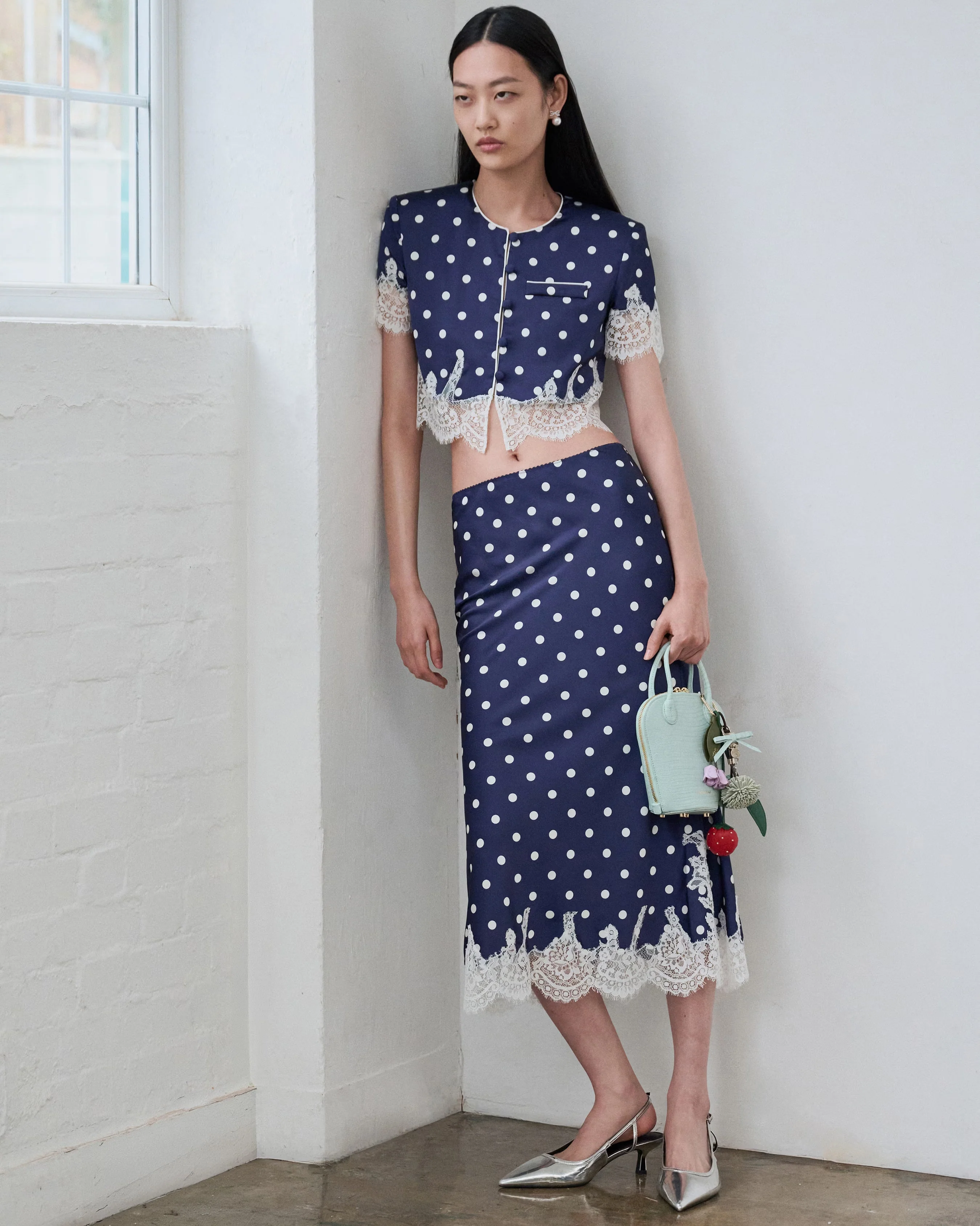 Navy Polka Dot Satin Midi Skirt - Image 6