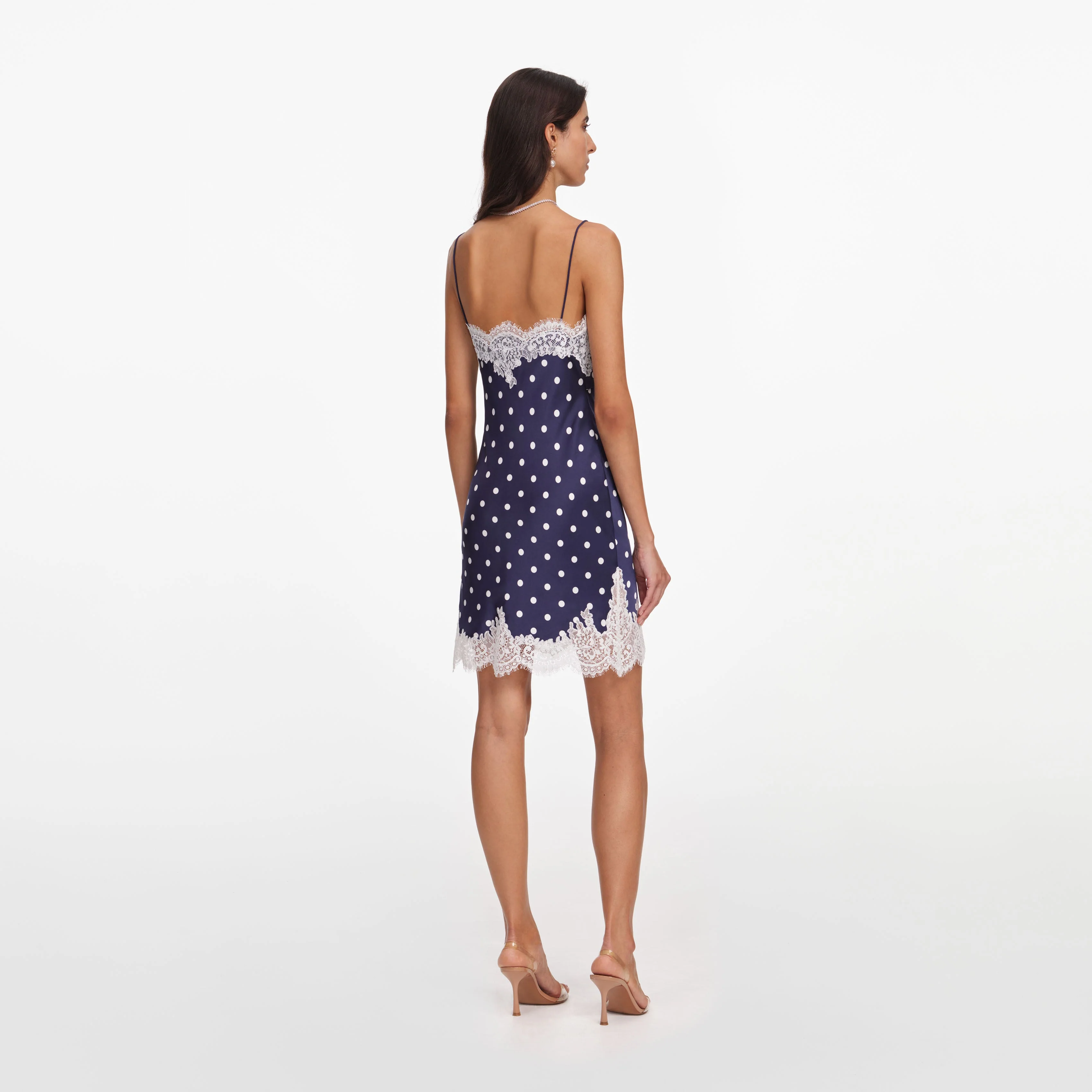 Navy Polka Dot Satin Mini Dress - Image 3