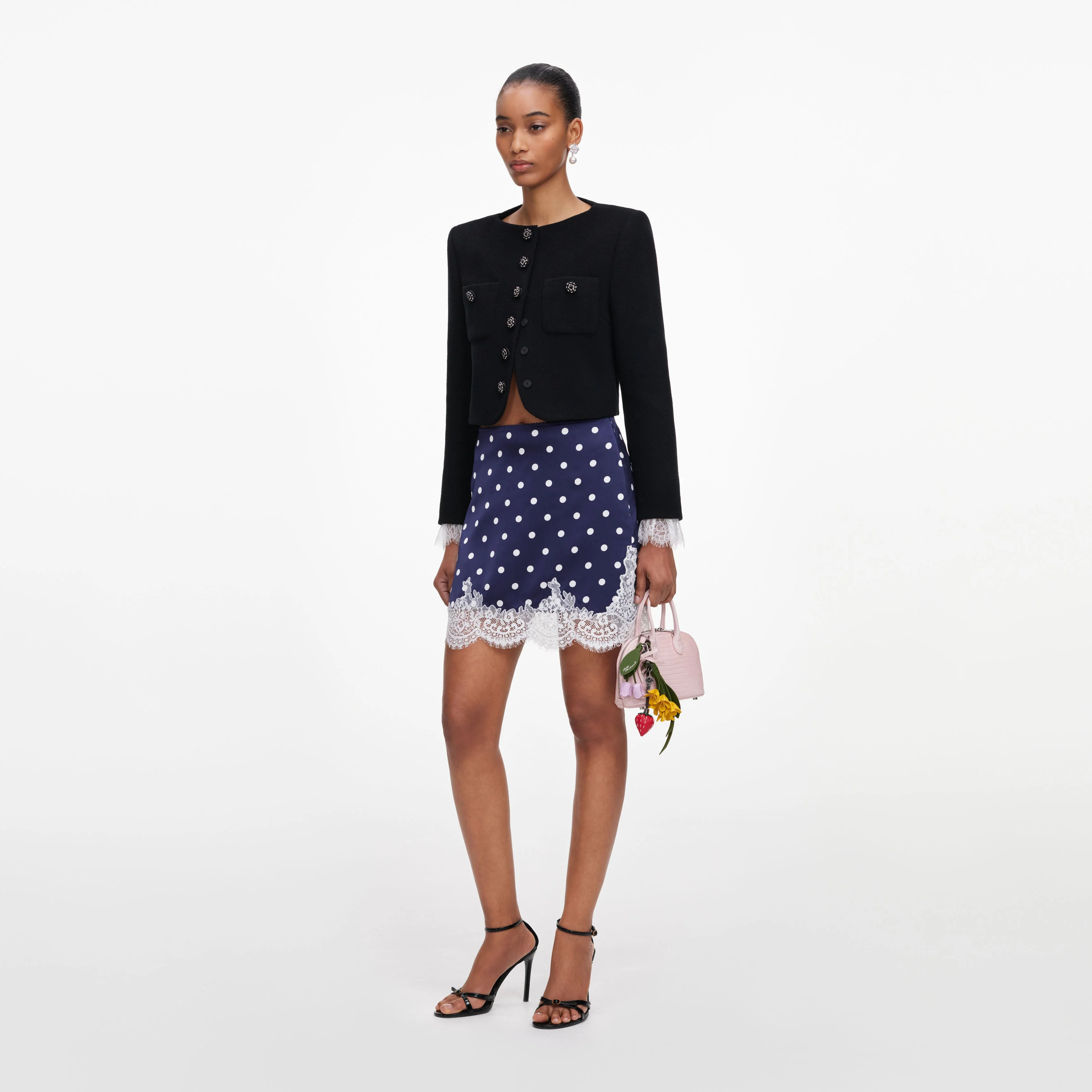 Navy Polka Dot Satin Mini Skirt - Image 2