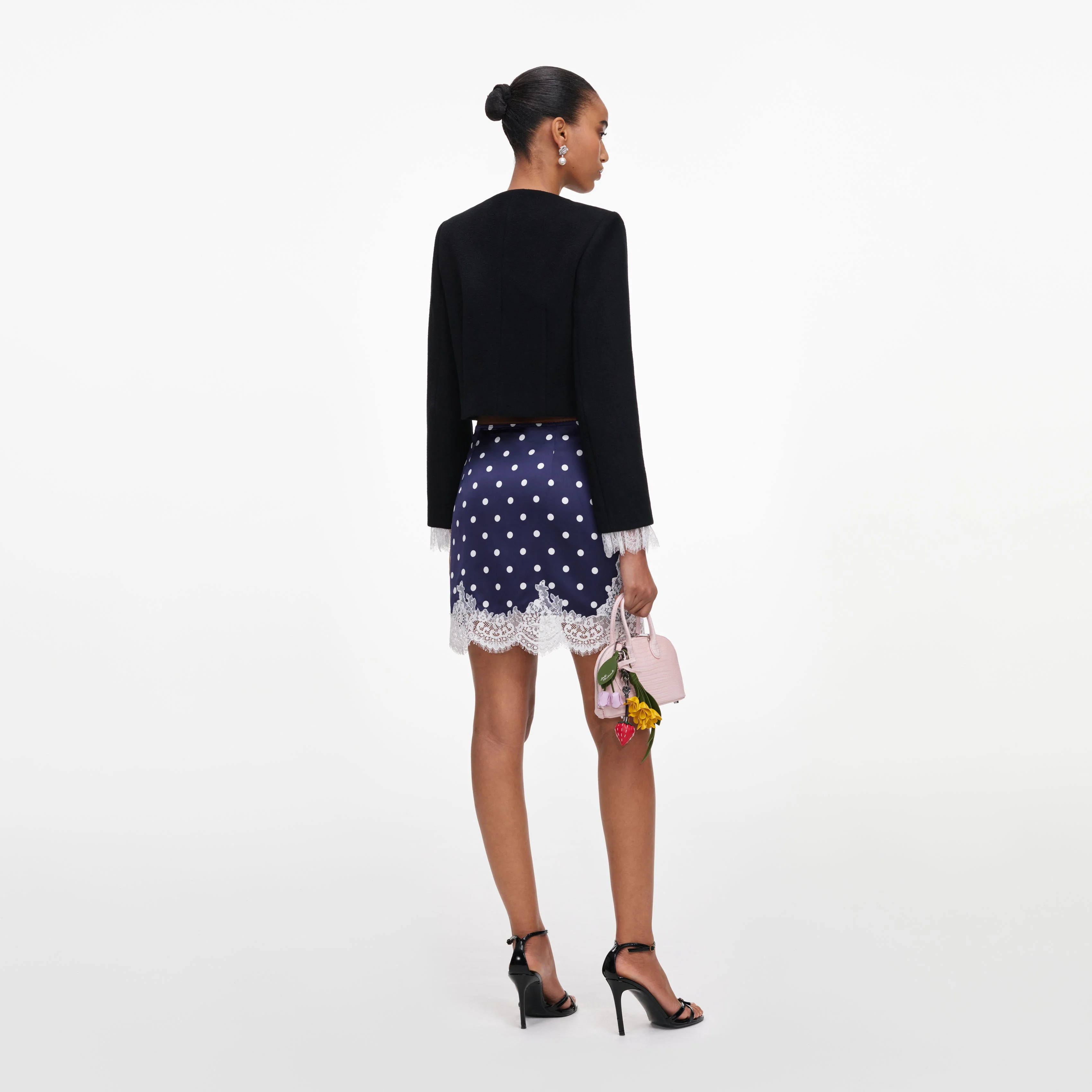 Navy Polka Dot Satin Mini Skirt - Image 3