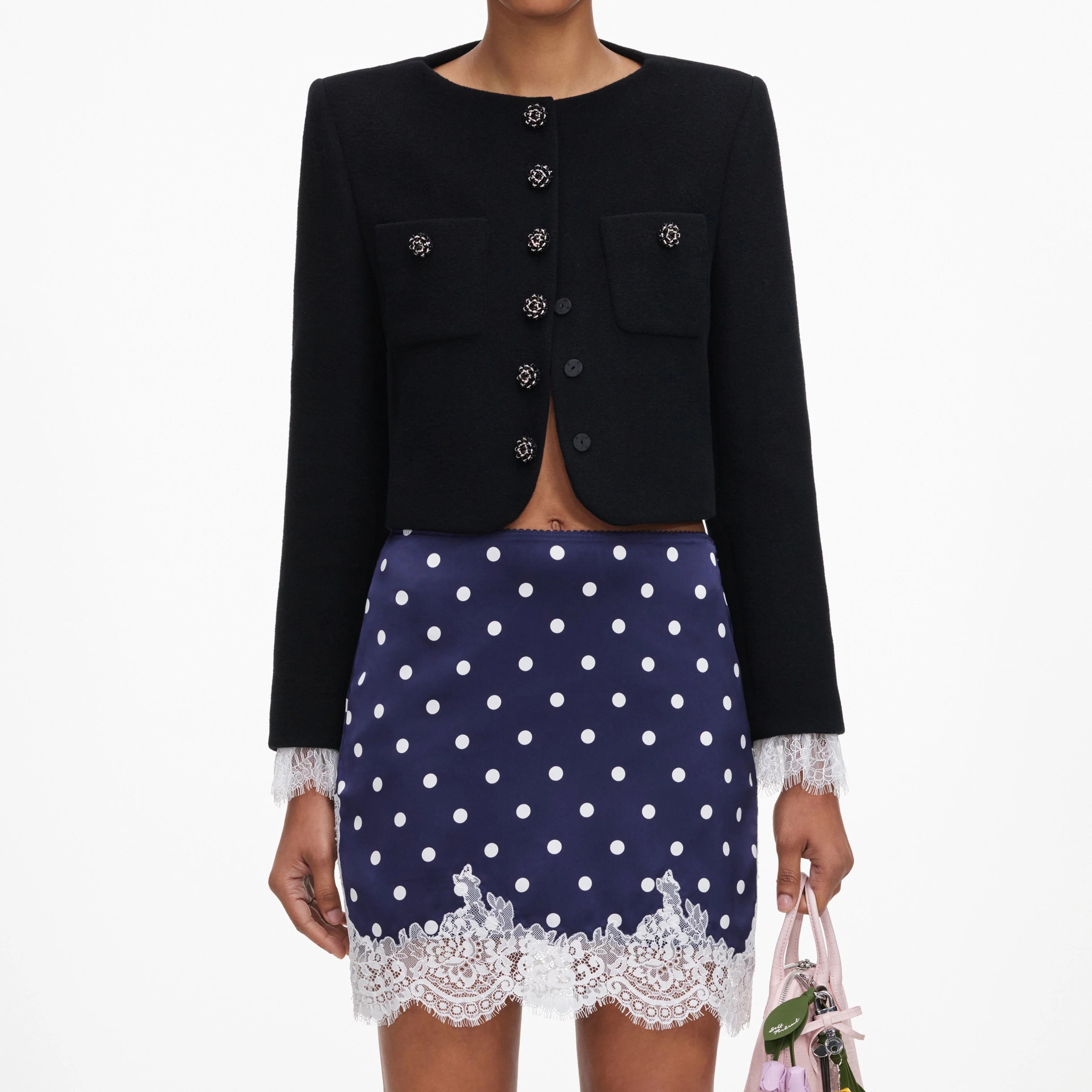 Navy Polka Dot Satin Mini Skirt - Image 4