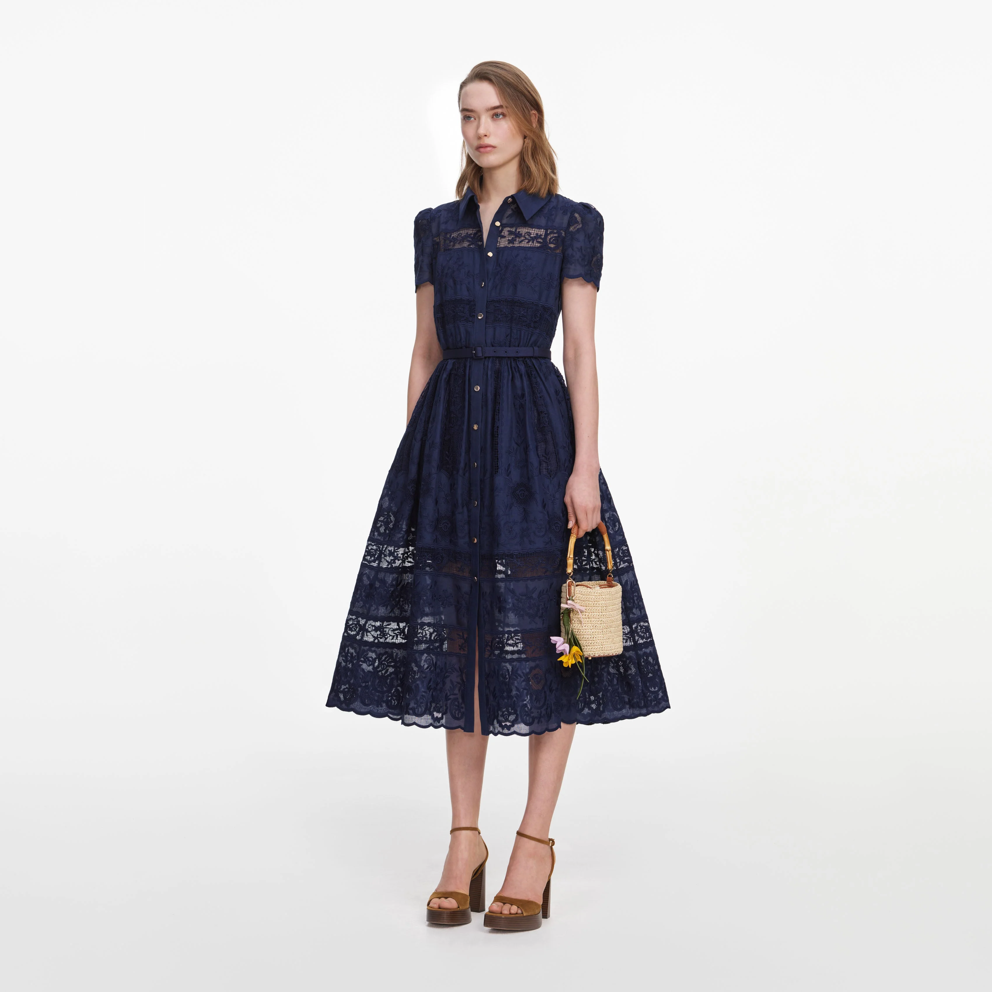 Navy Ramie Collared Midi Dress - Image 2