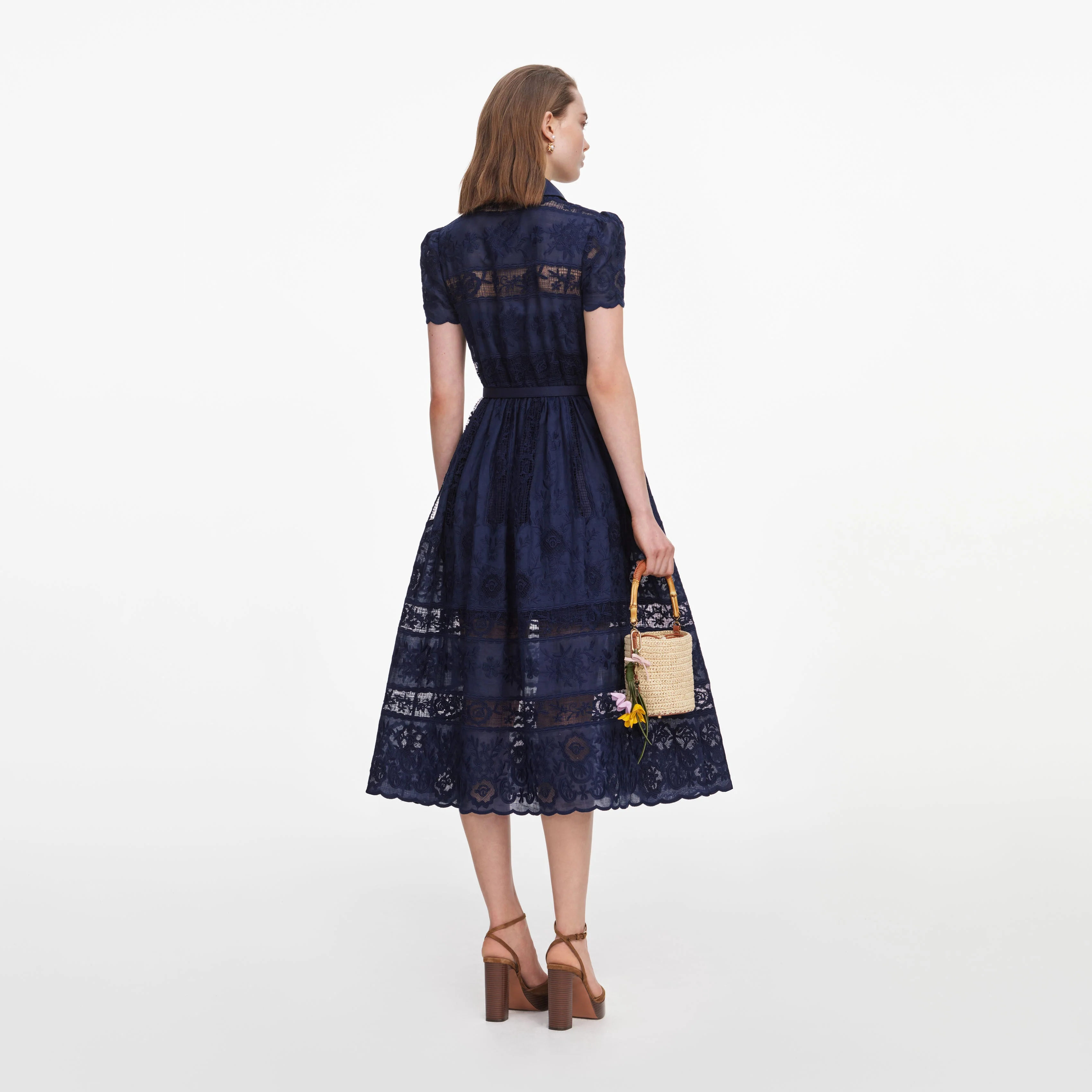 Navy Ramie Collared Midi Dress - Image 3