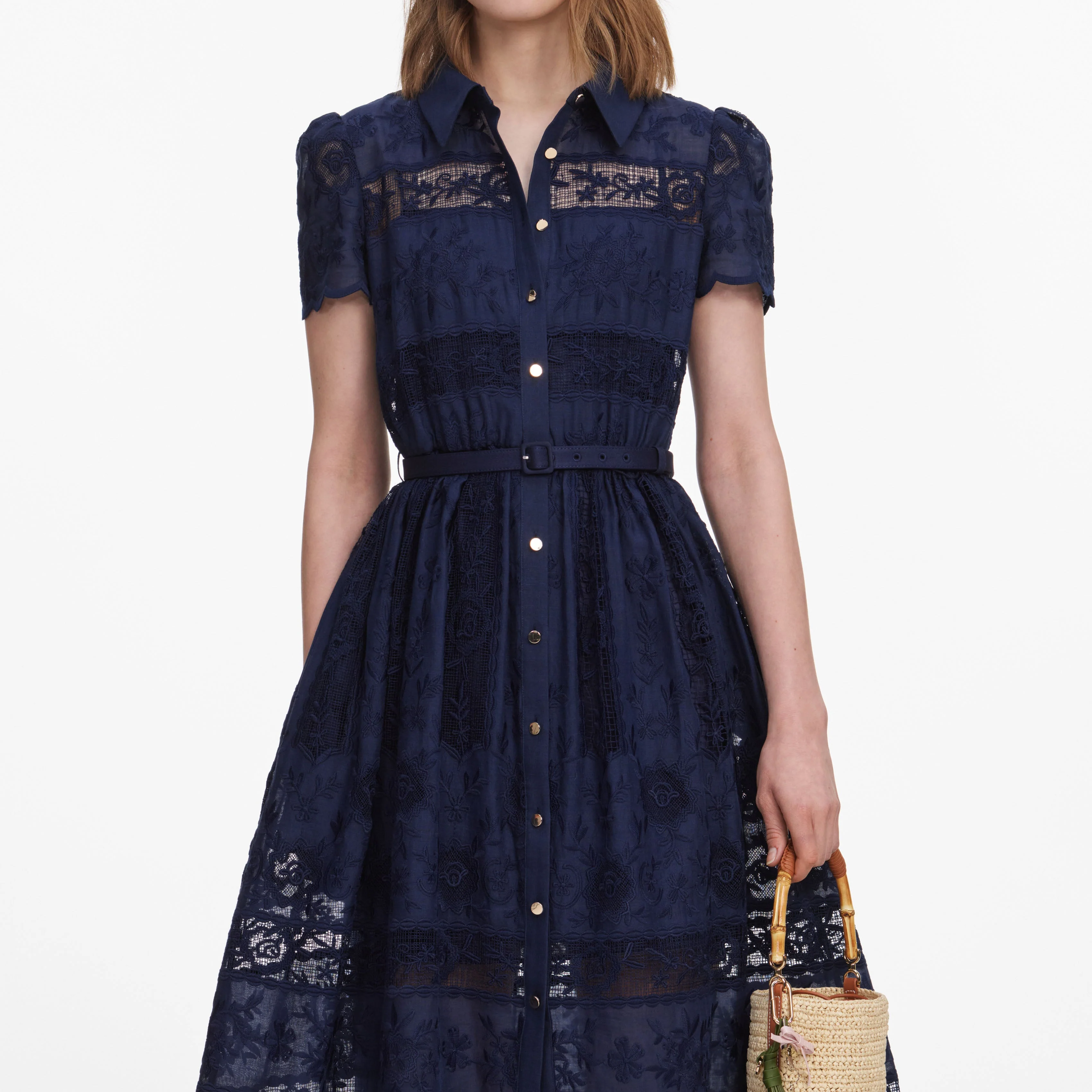 Navy Ramie Collared Midi Dress - Image 4