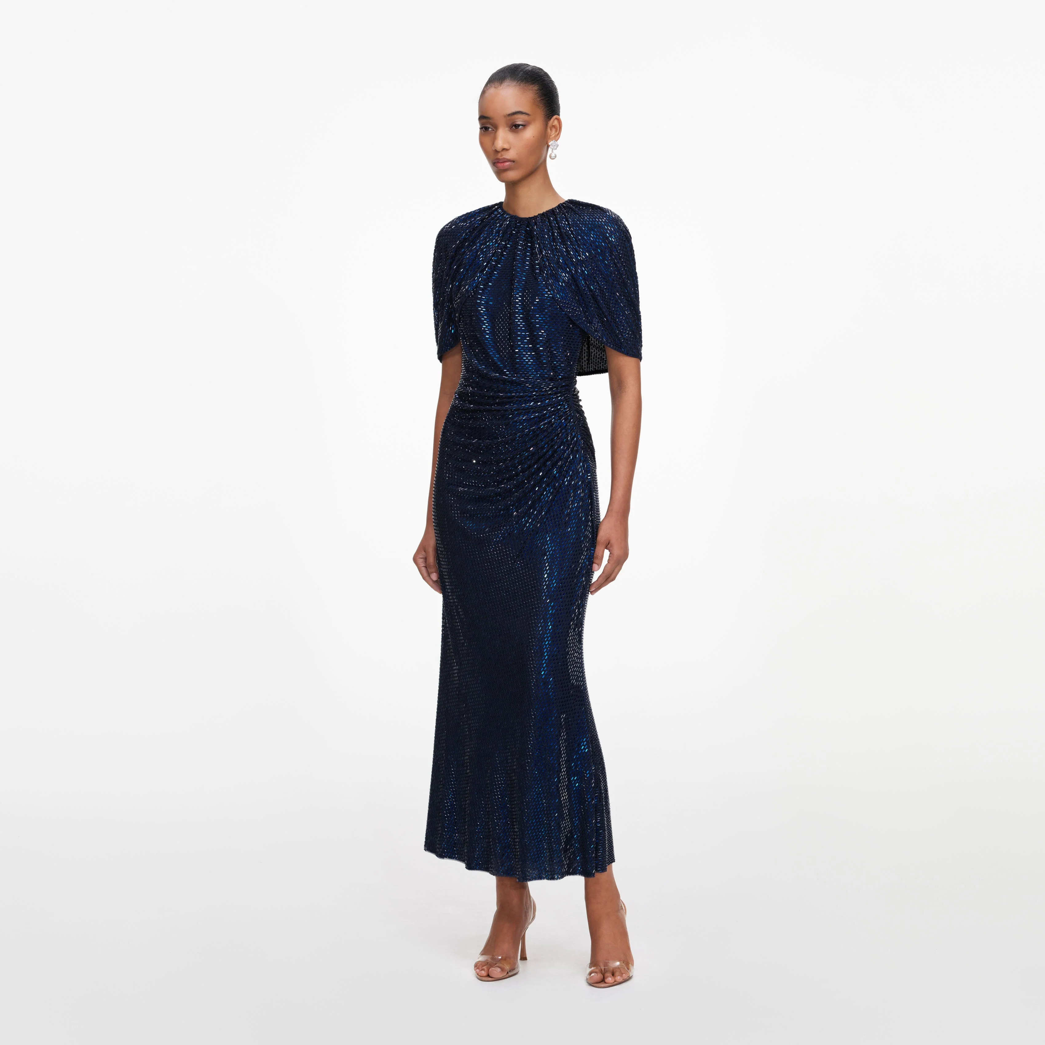 Navy Rhinestone Cape Sleeve Midi Dress - Image 2