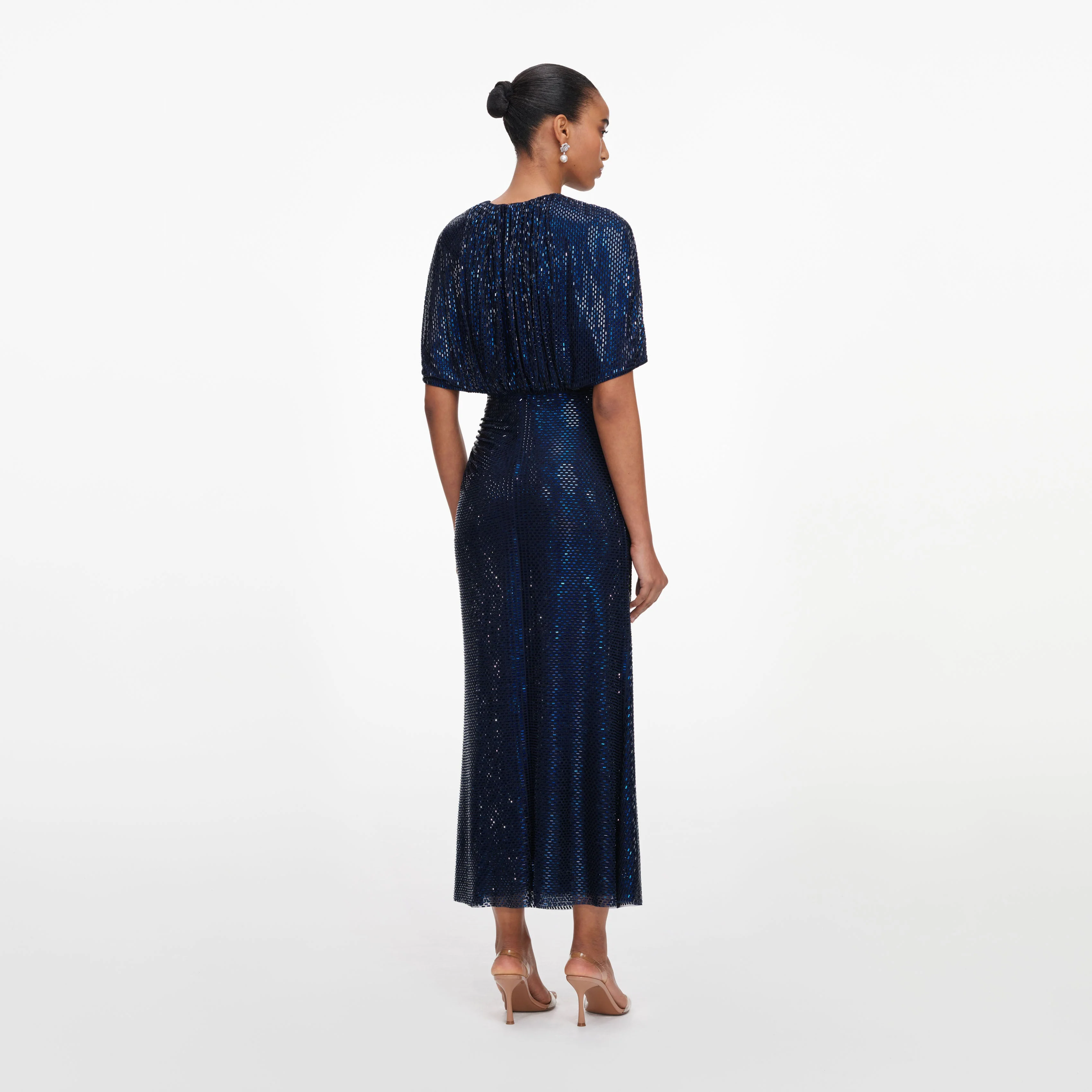 Navy Rhinestone Cape Sleeve Midi Dress - Image 3