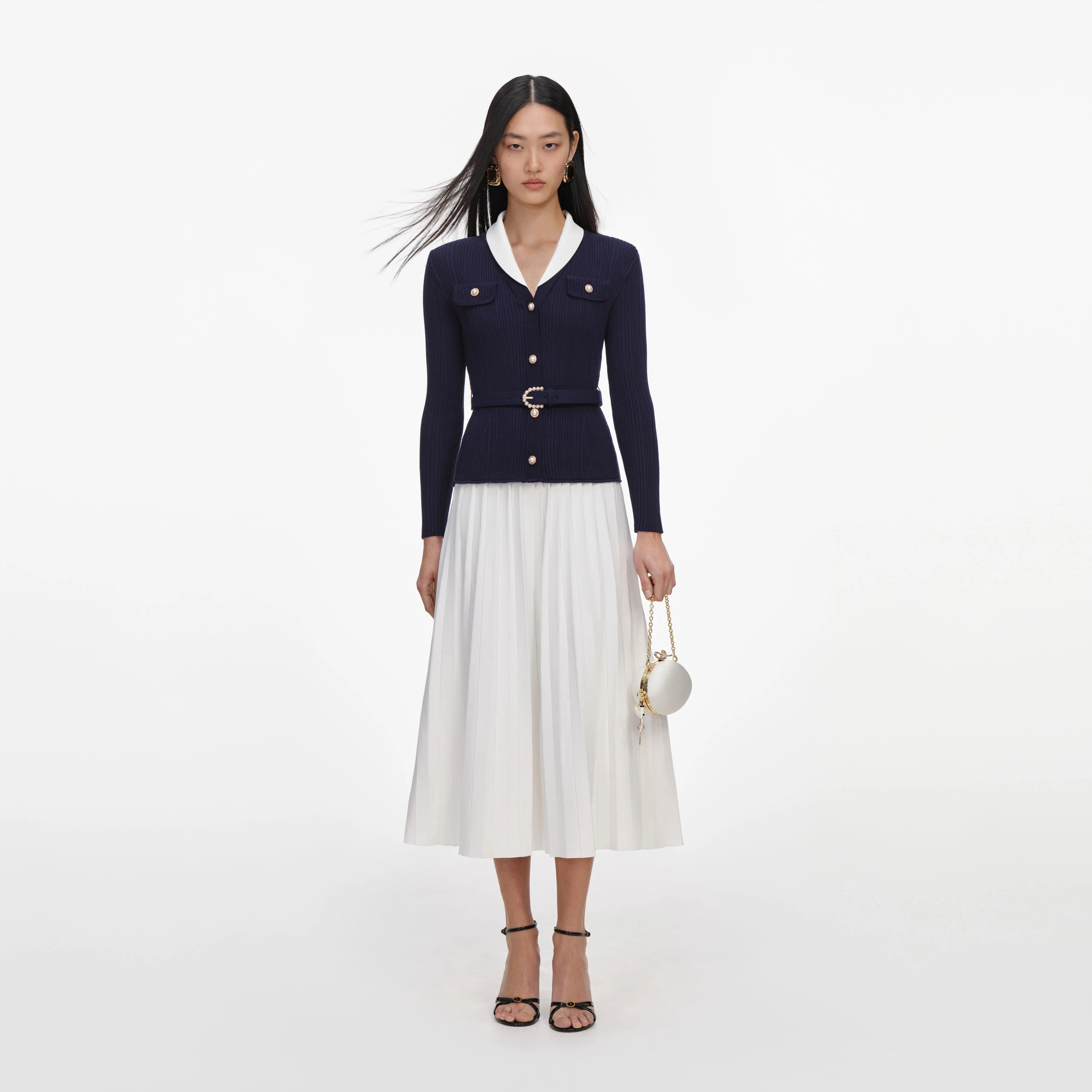 Navy Ribbed Knit Contrast Midi Dress