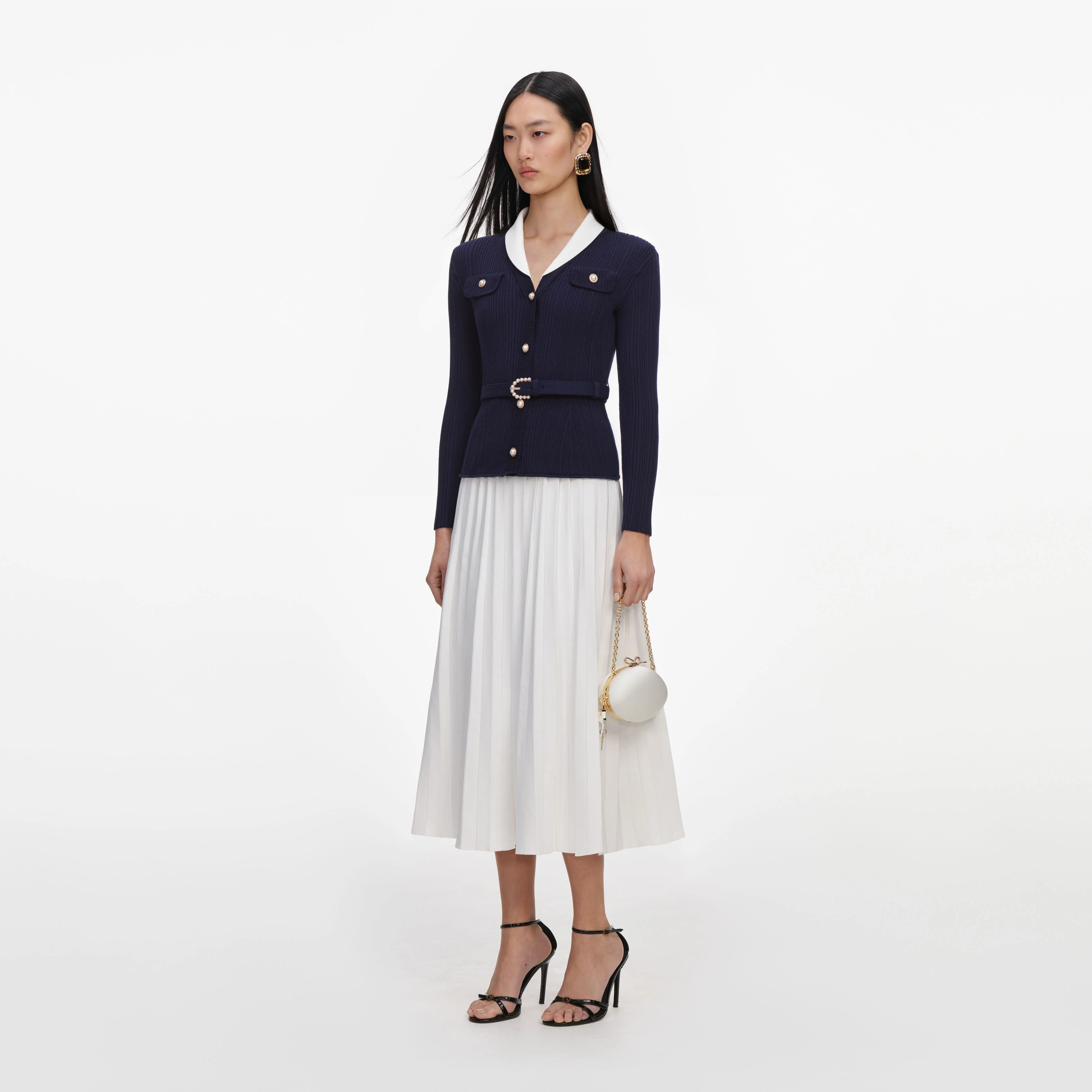Navy Ribbed Knit Contrast Midi Dress - Image 2