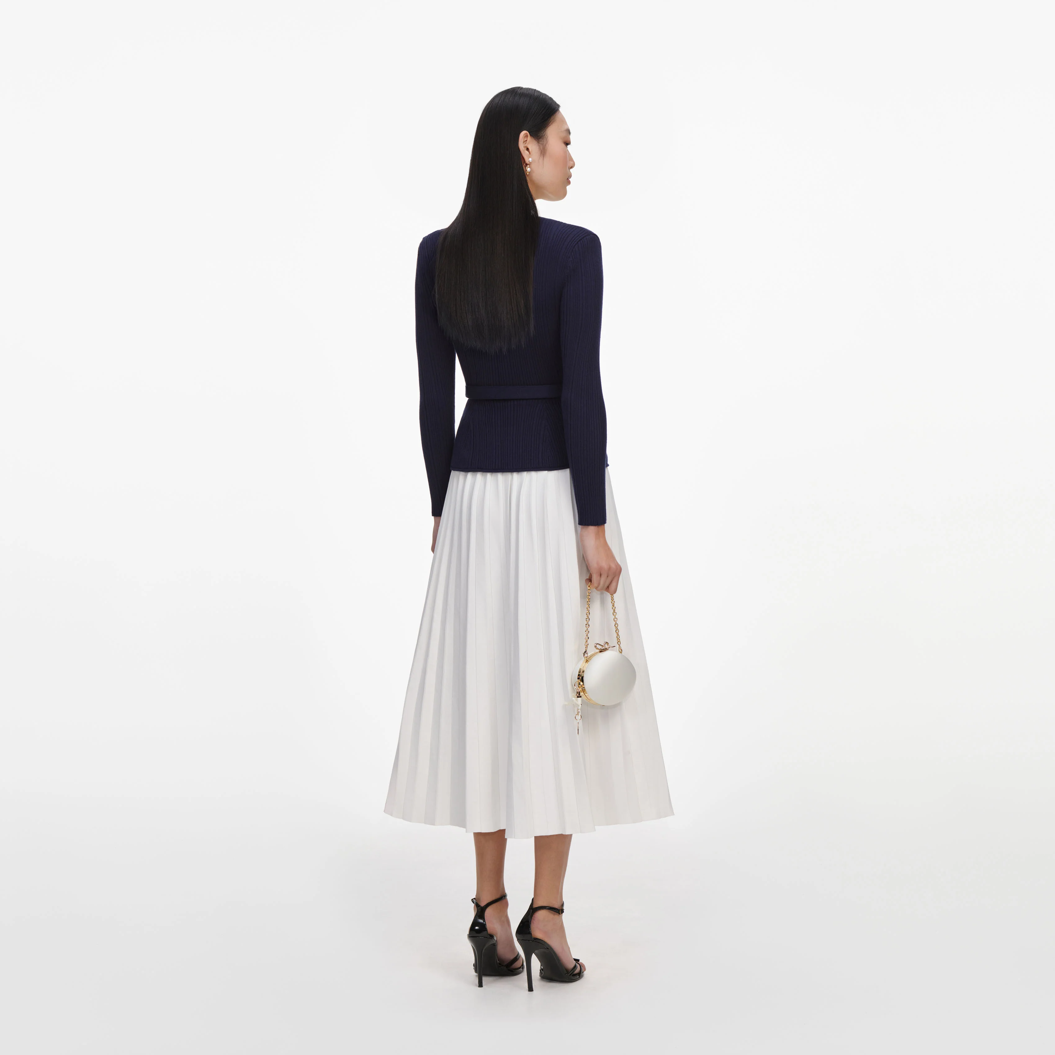 Navy Ribbed Knit Contrast Midi Dress - Image 3