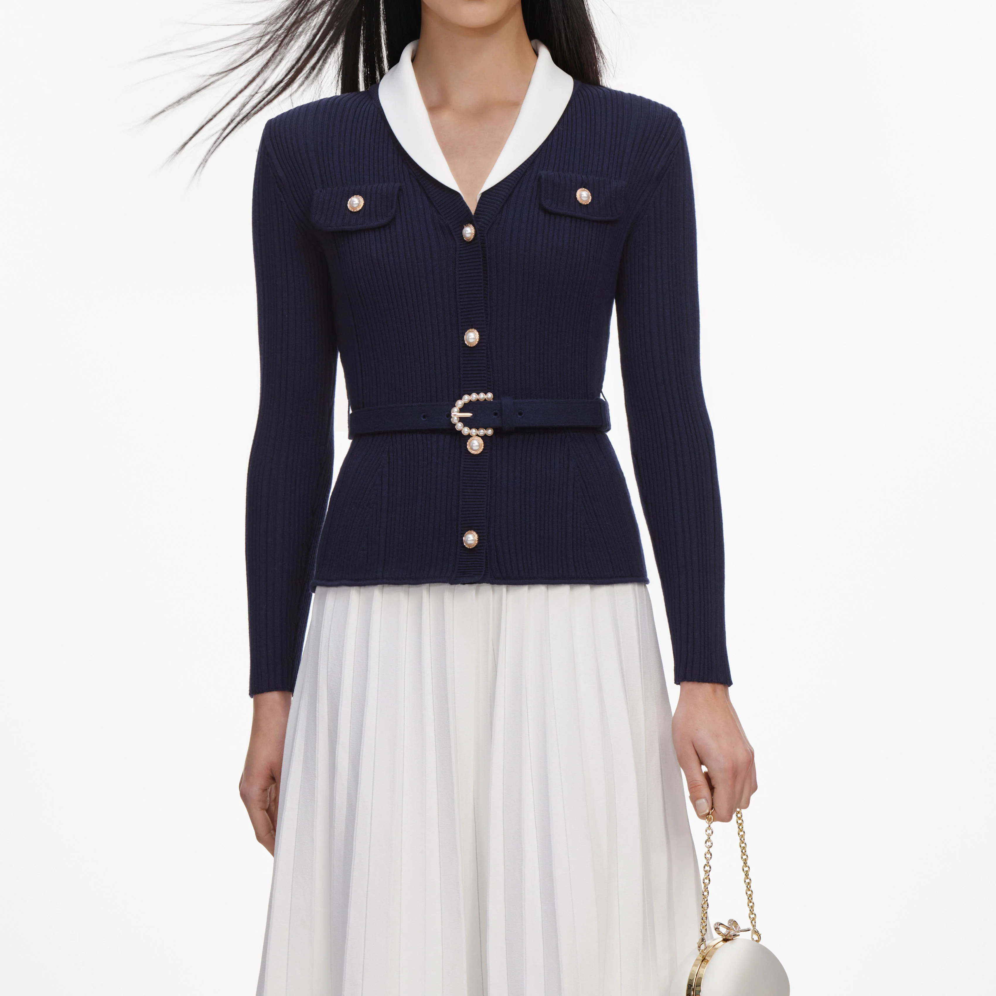 Navy Ribbed Knit Contrast Midi Dress - Image 4