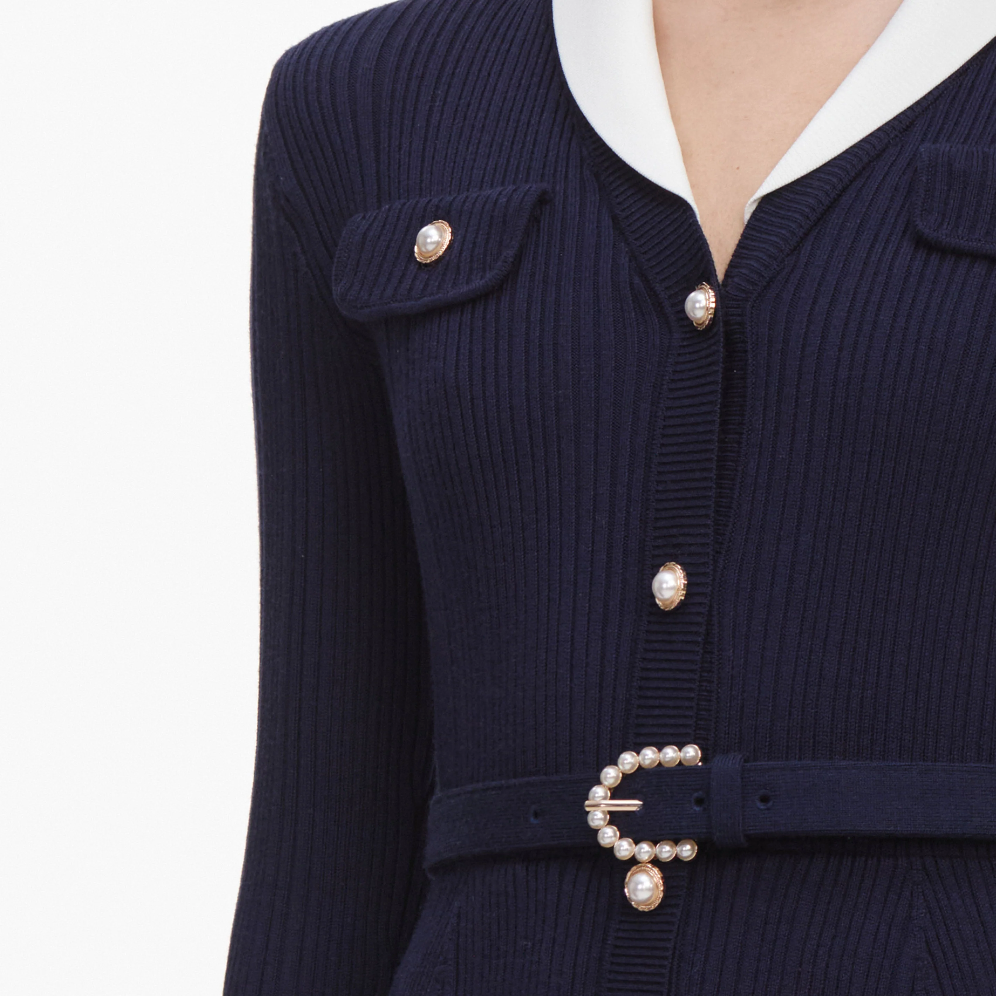Navy Ribbed Knit Contrast Midi Dress - Image 5
