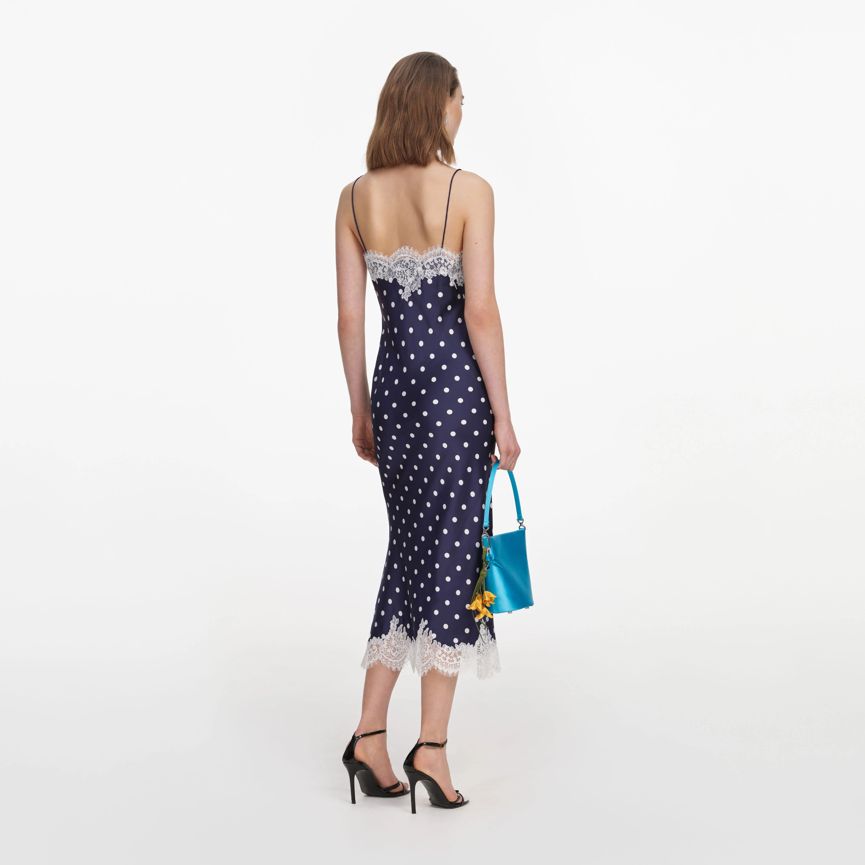 Navy Satin Polka Dot Midi Dress - Image 3