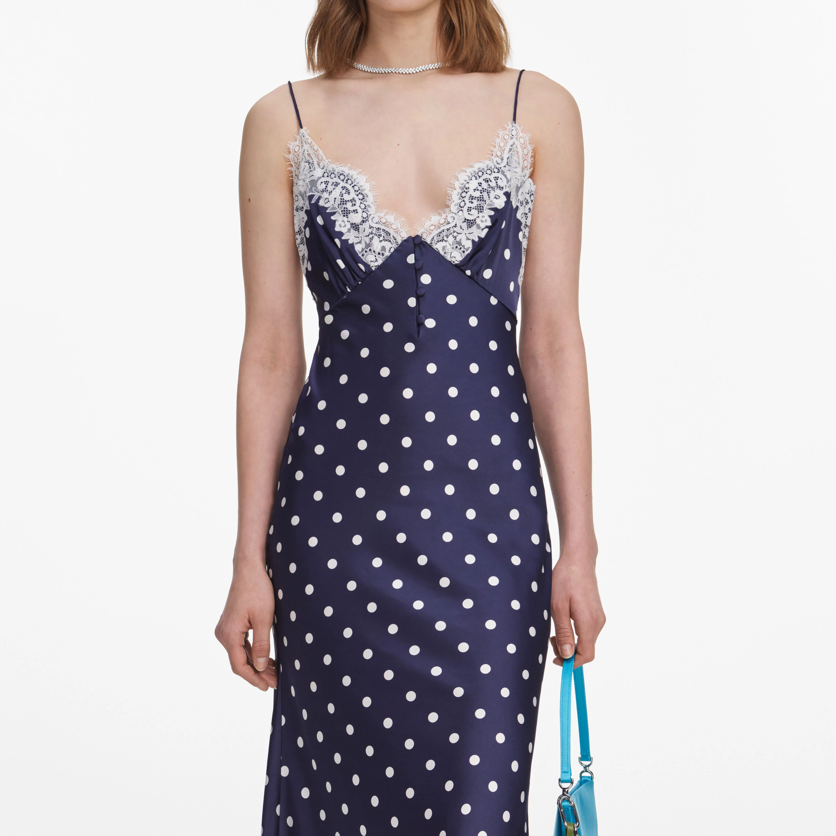Navy Satin Polka Dot Midi Dress - Image 4
