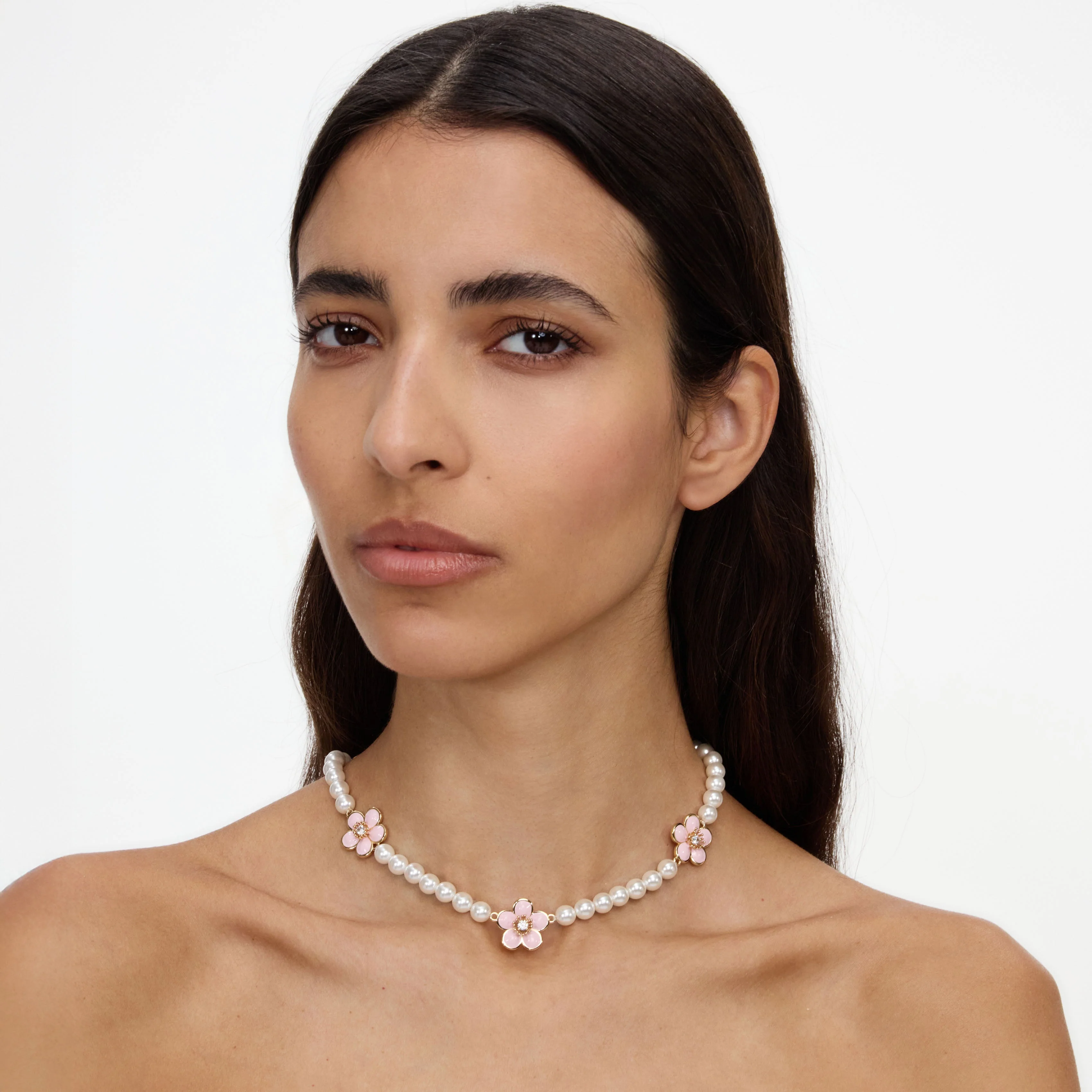 Pink Enamel Flower Pearl Choker - Image 2