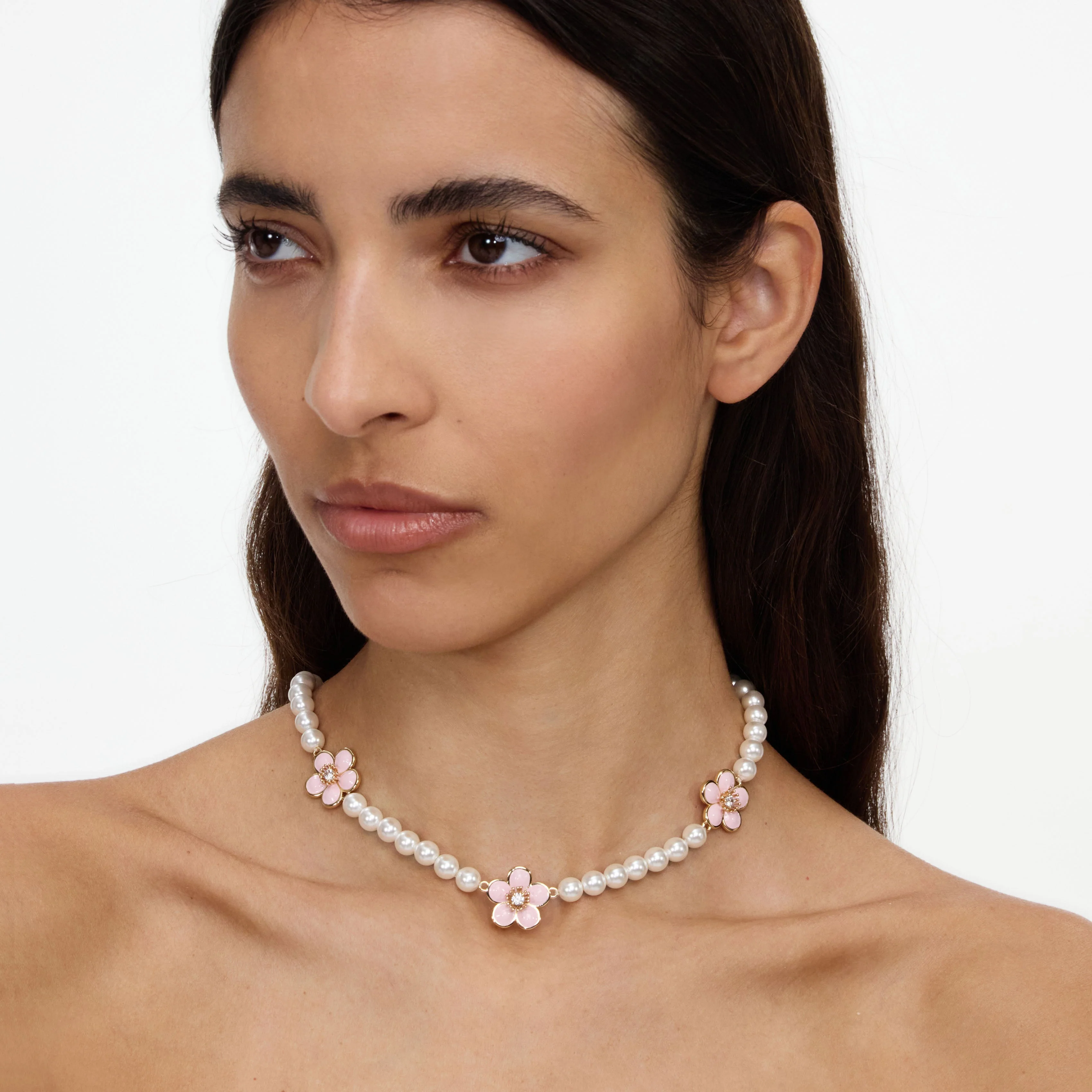 Pink Enamel Flower Pearl Choker - Image 4