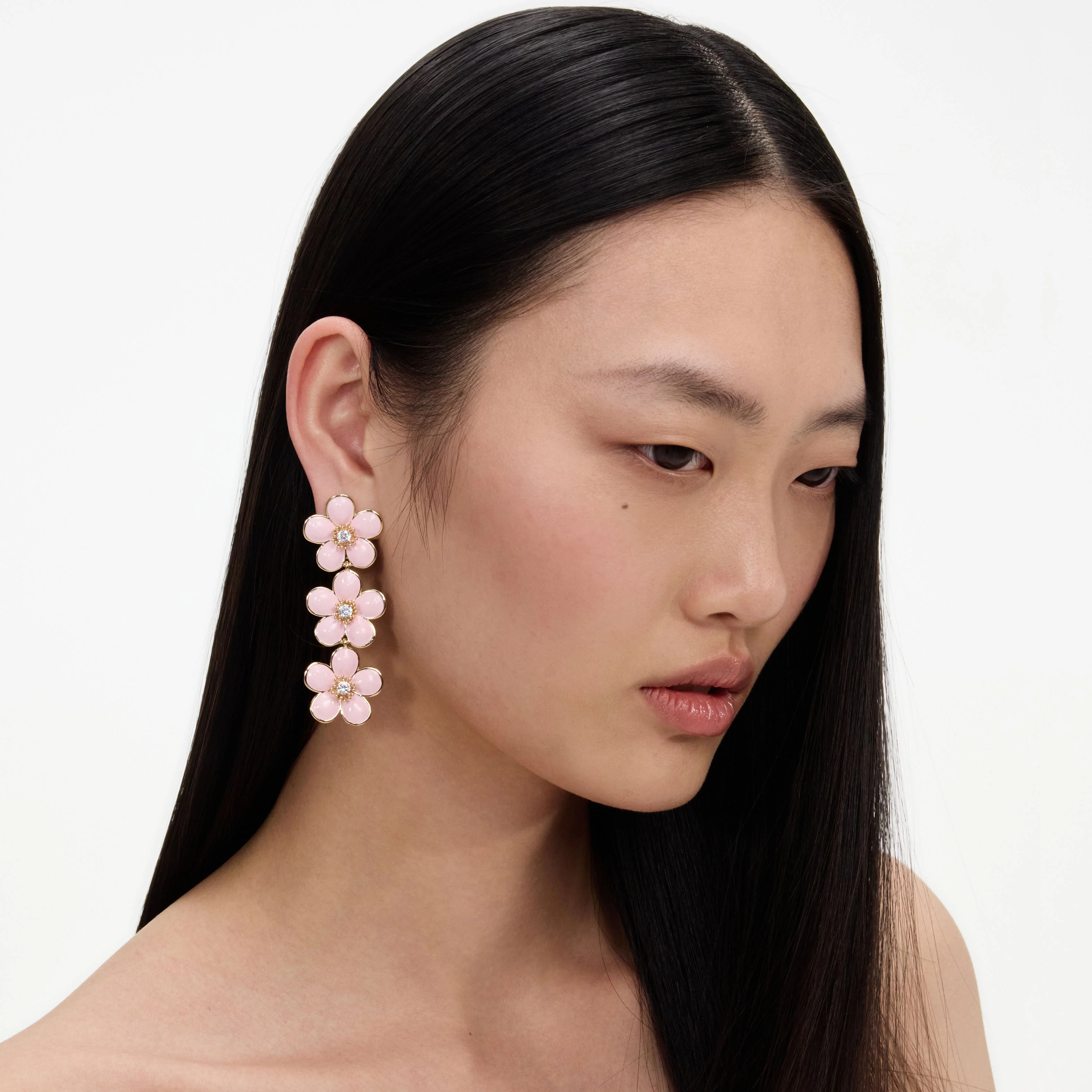 Pink Enamel Flower Tiered Earrings - Image 2