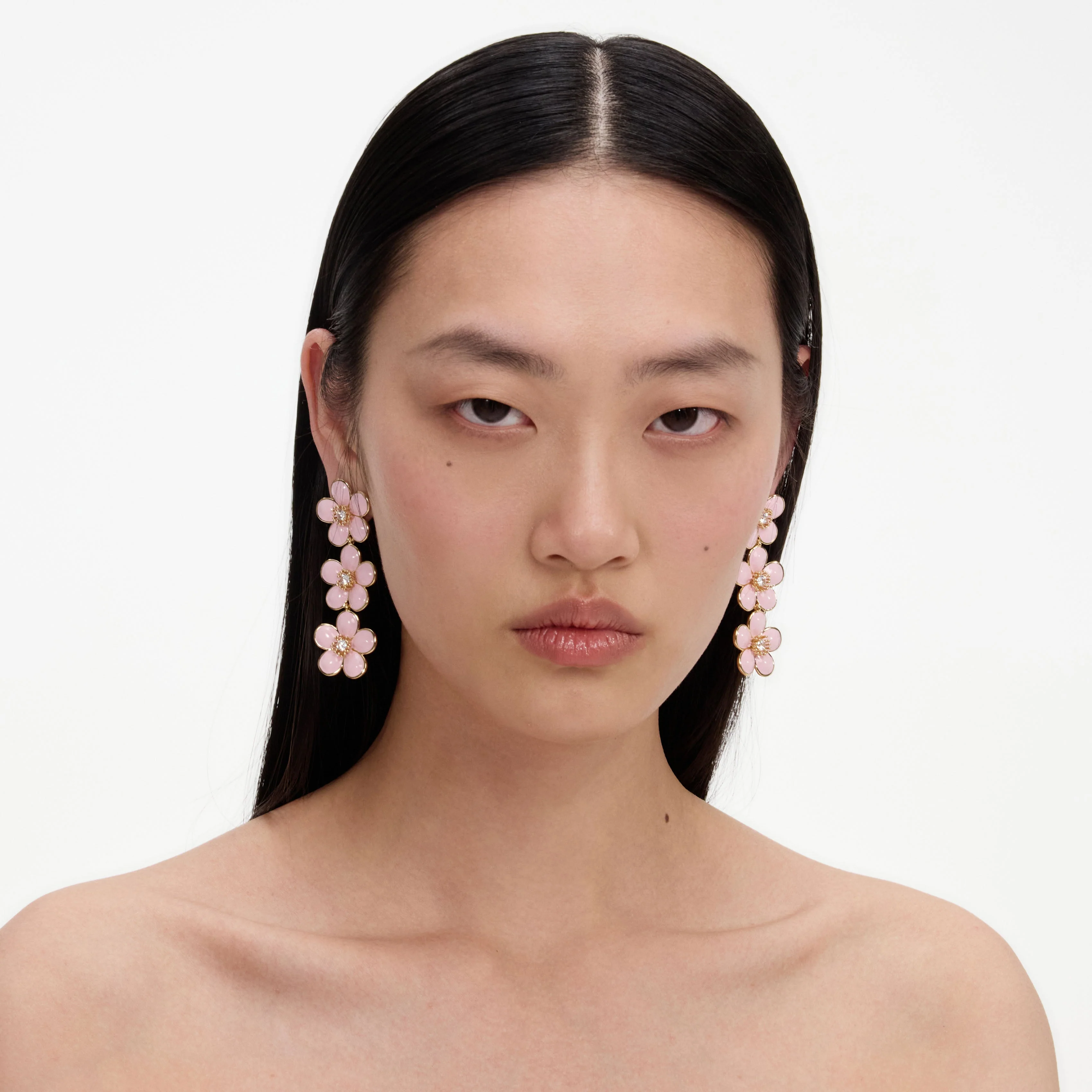 Pink Enamel Flower Tiered Earrings - Image 4