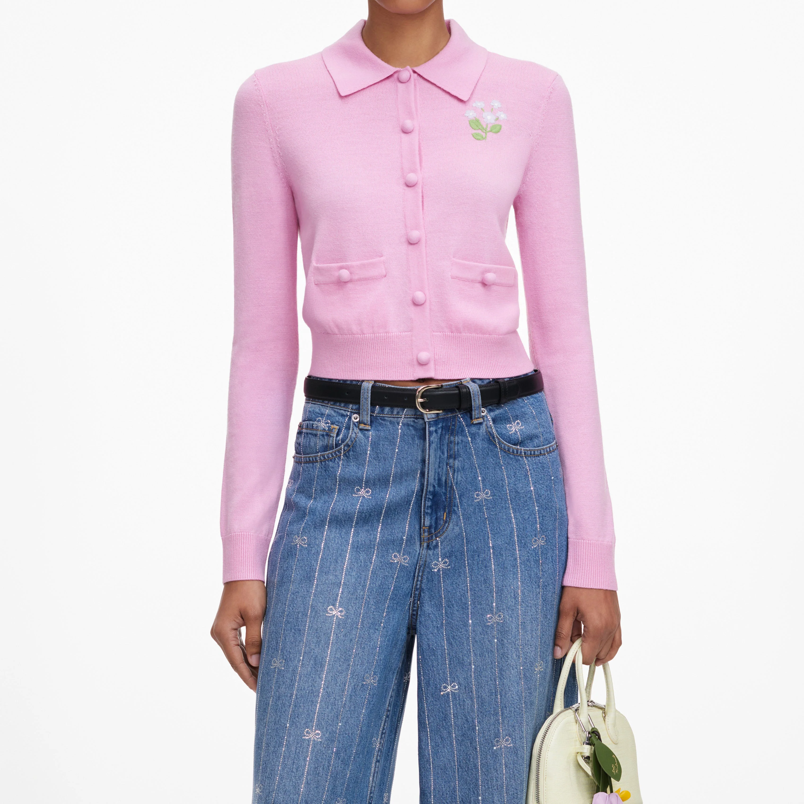 Pink Flower Embroidered Knit Cardigan - Image 4
